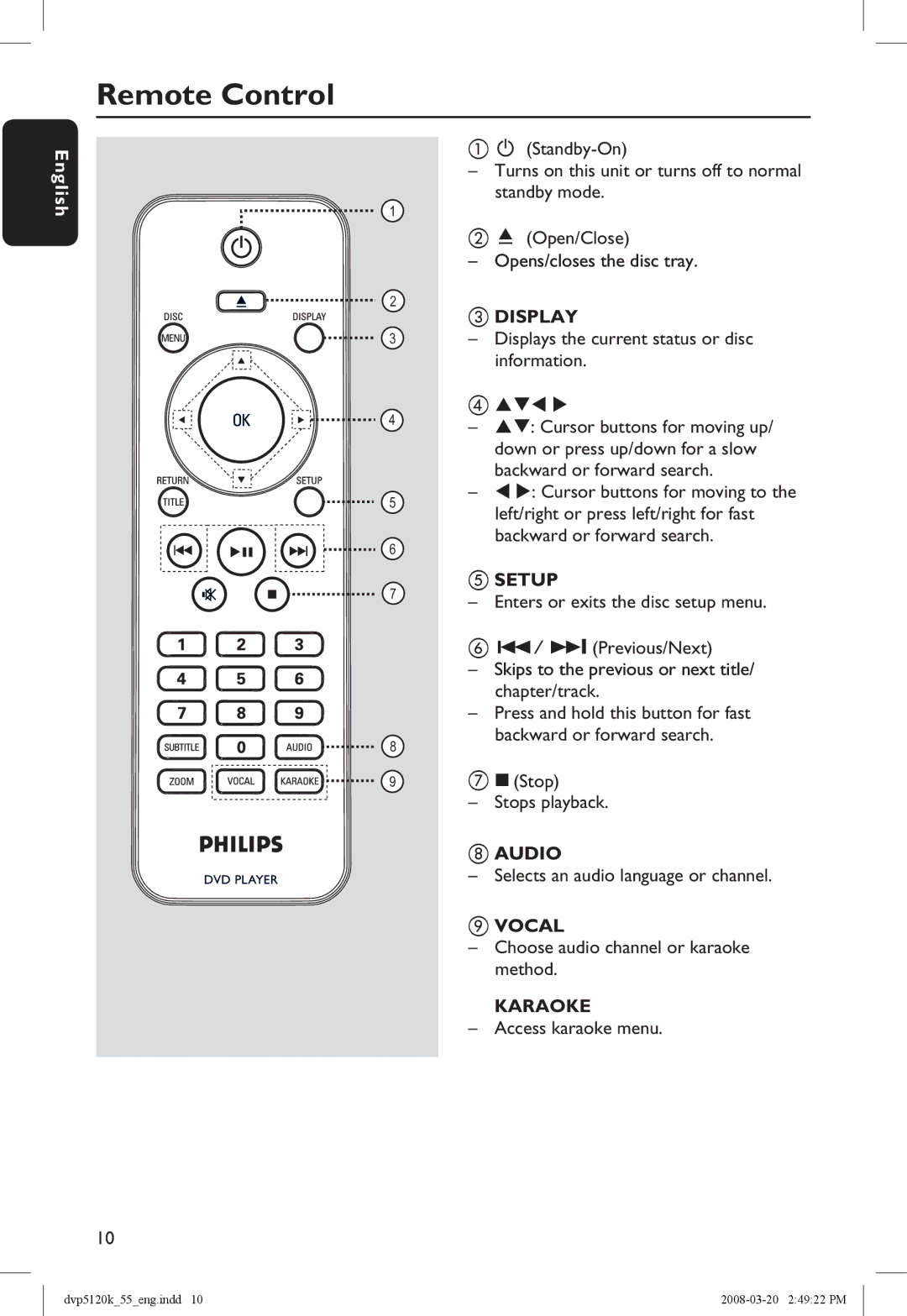 Philips DVP5120KX/78 manual Remote Control, Skips to the previous or next title/ chapter/track 