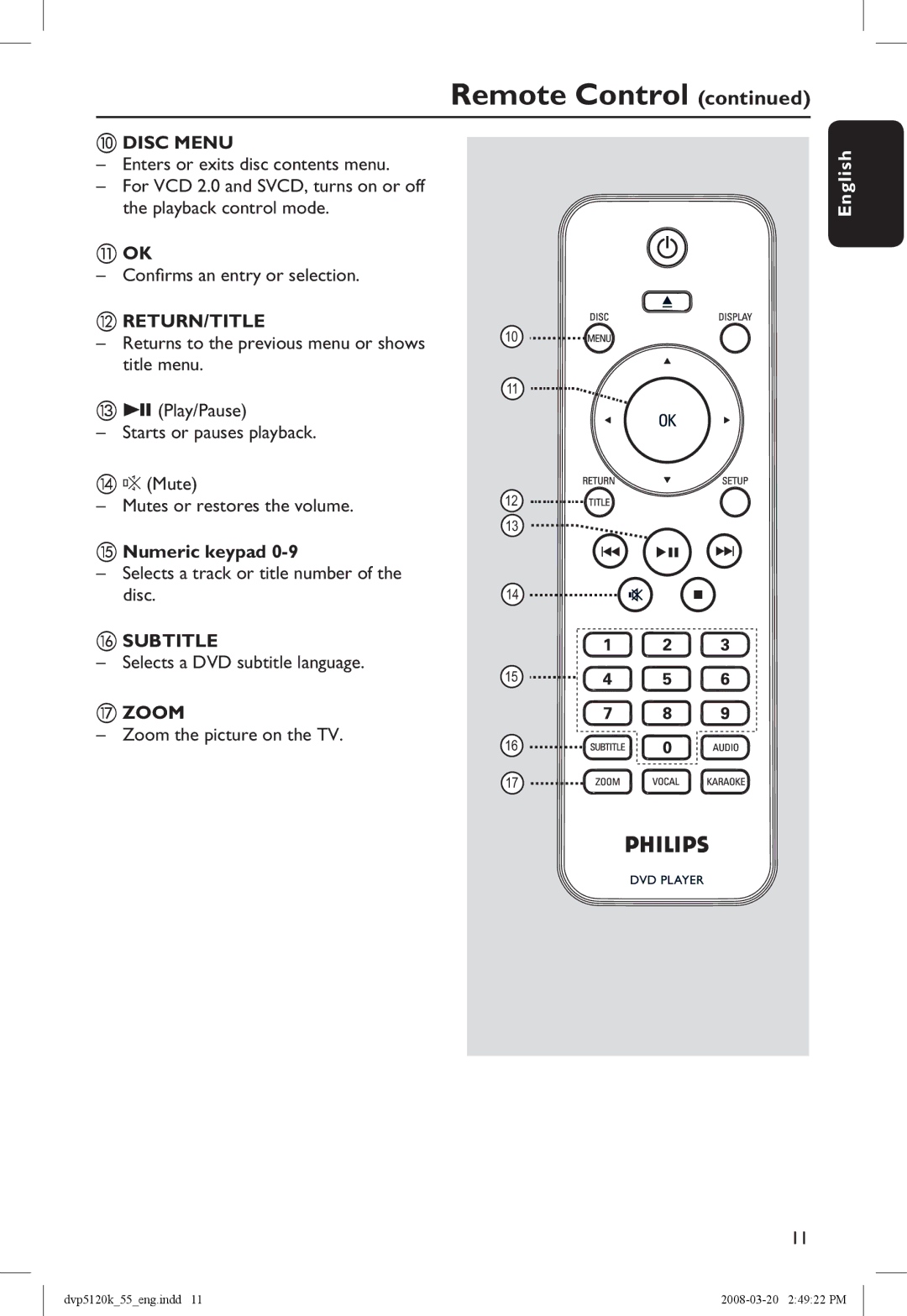 Philips DVP5120KX/78 manual Numeric keypad, Selects a track or title number Disc.14, Selects a DVD subtitle language 