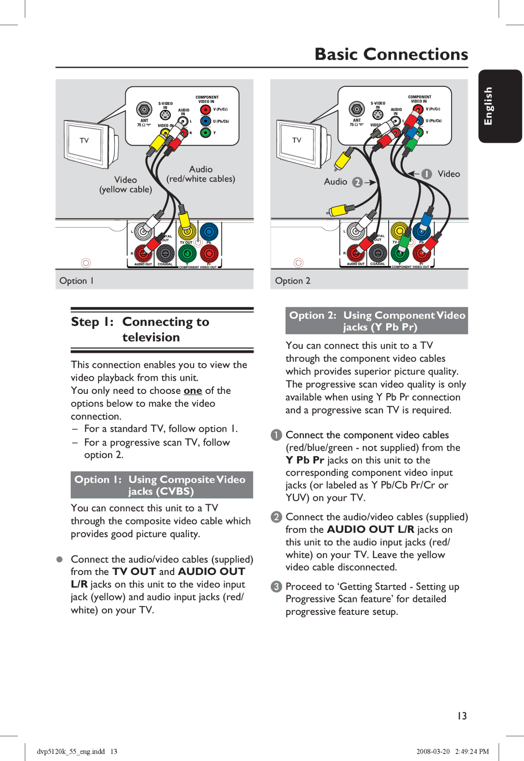 Philips DVP5120KX/78 manual Basic Connections, Connecting to television, Option 1 Using Composite Video Jacks Cvbs 