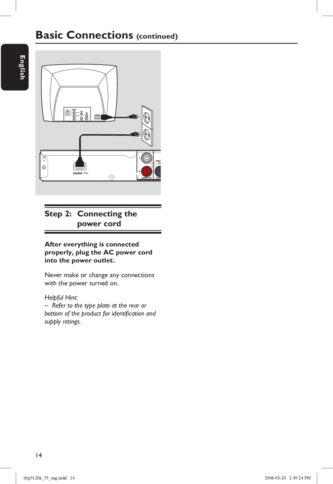 Philips DVP5120KX/78 manual Connecting the power cord 