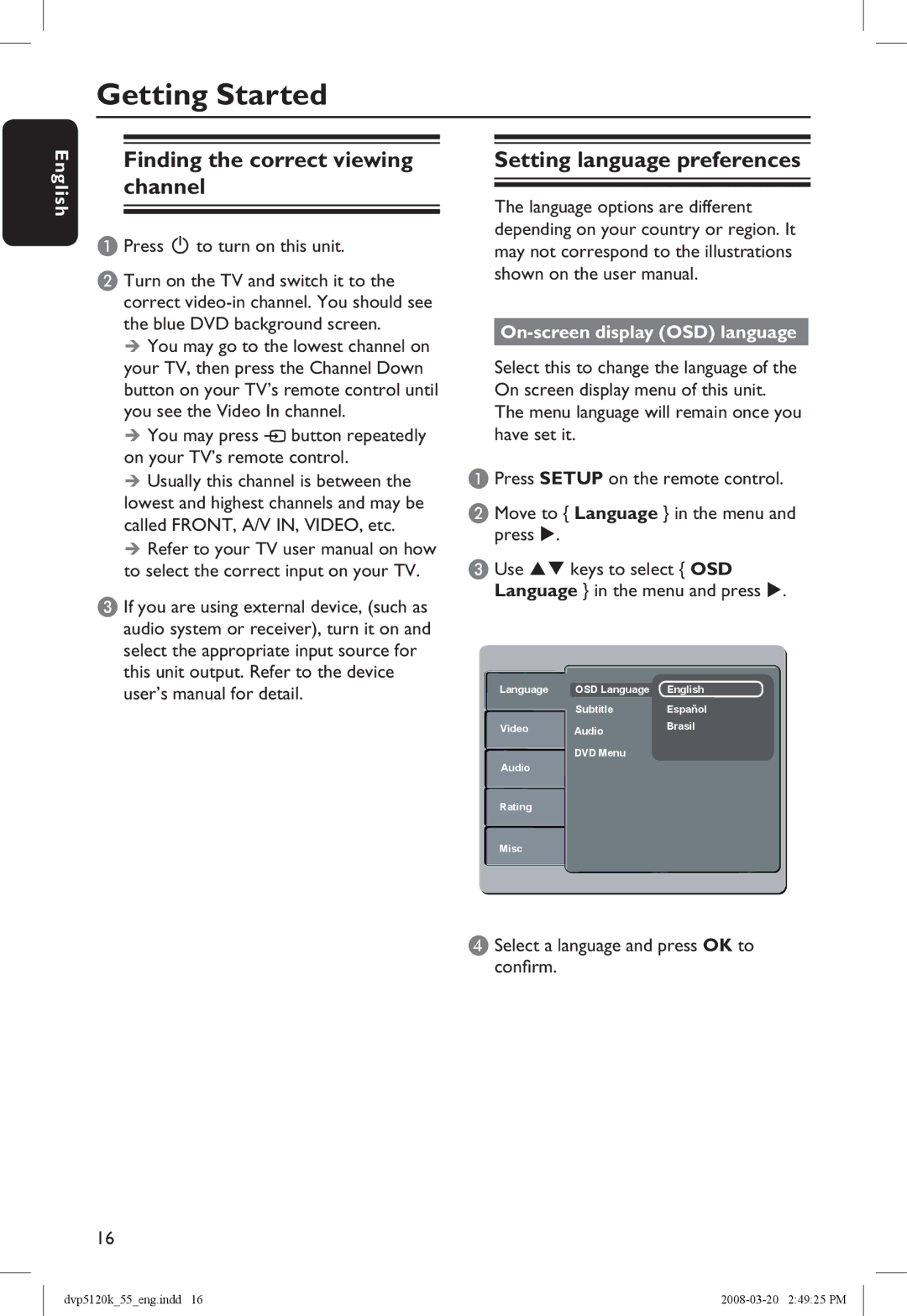 Philips DVP5120KX/78 manual Getting Started, Finding the correct viewing channel, Setting language preferences 