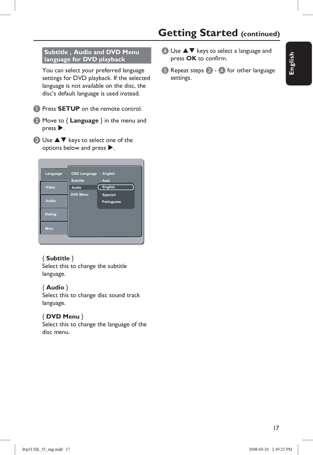 Philips DVP5120KX/78 manual Subtitle , Audio and DVD Menu language for DVD playback 