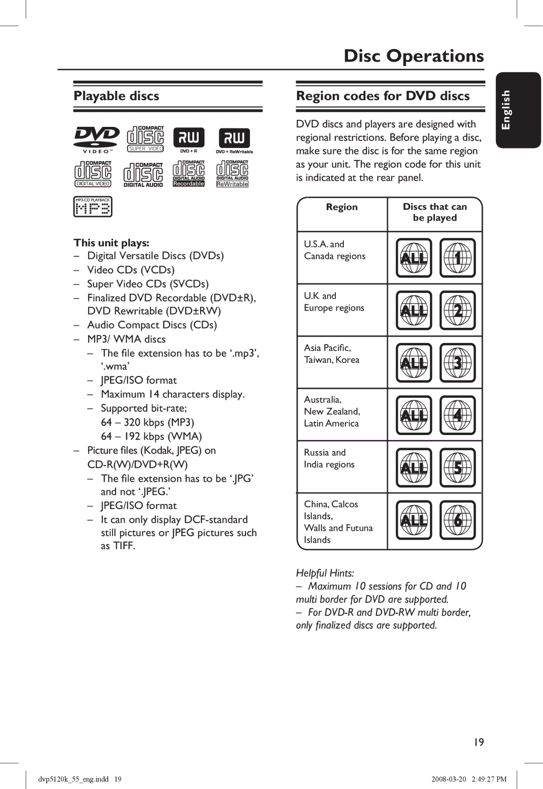 Philips DVP5120KX/78 manual Disc Operations, Playable discs Region codes for DVD discs, This unit plays 