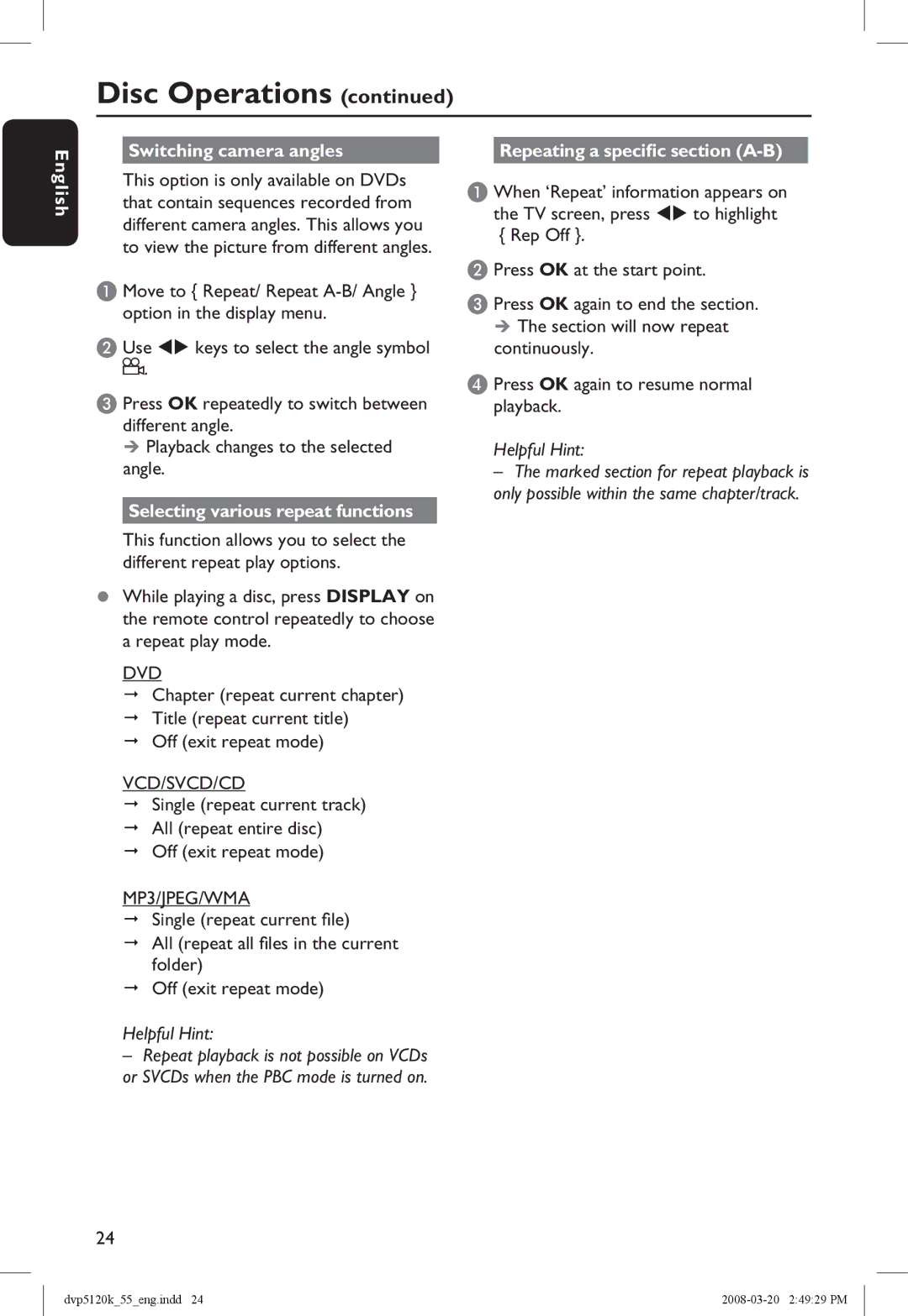 Philips DVP5120KX/78 English Switching camera angles, Selecting various repeat functions, Repeating a specific section A-B 