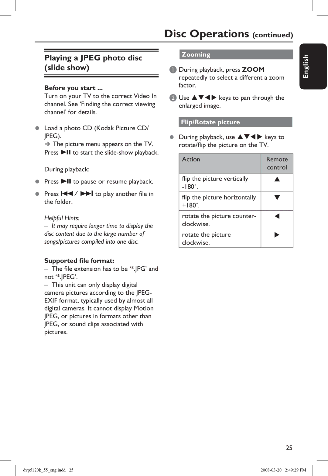Philips DVP5120KX manual Playing a Jpeg photo disc slide show, Supported file format, Flip/Rotate picture, Action Remote 