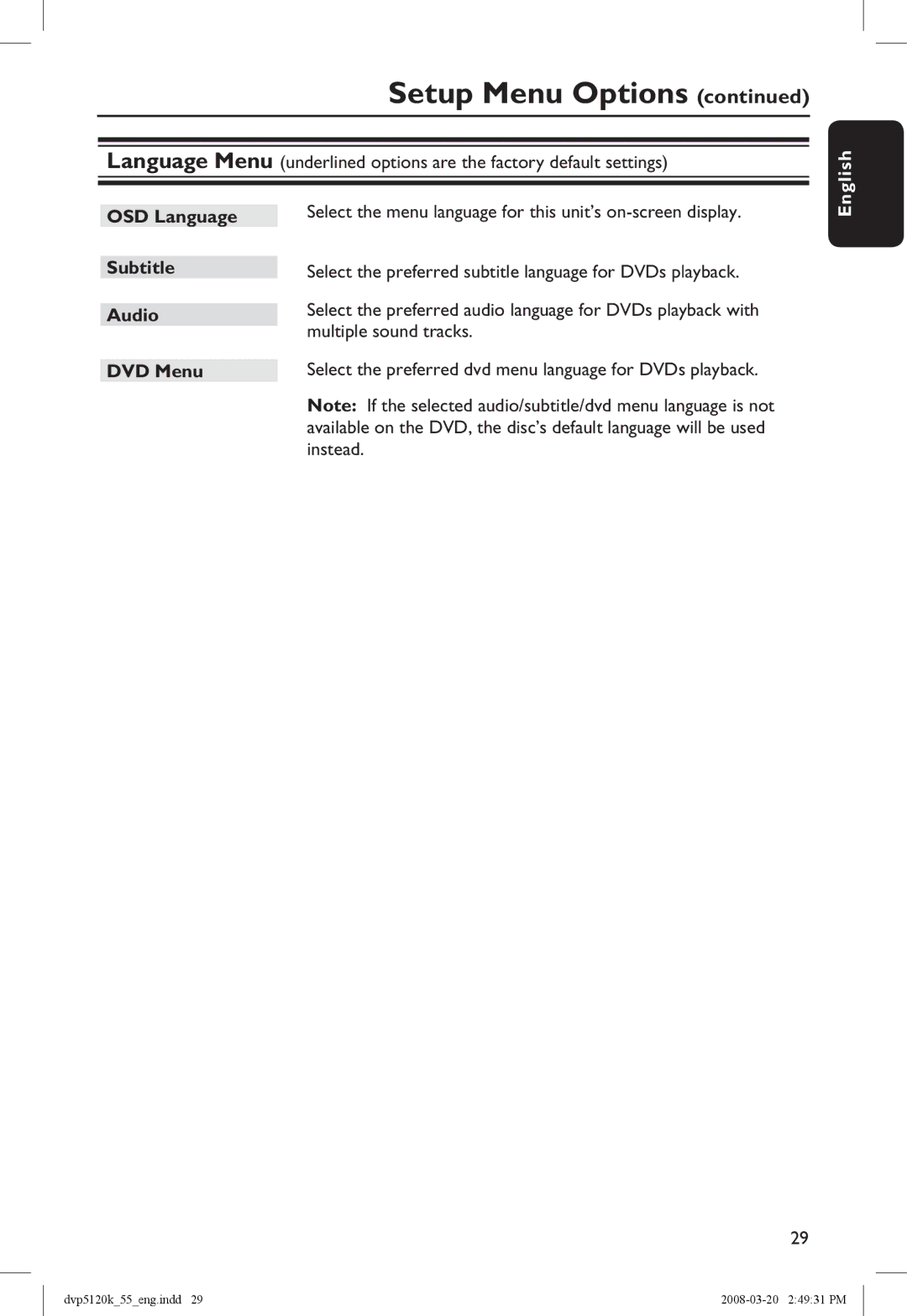 Philips DVP5120KX/78 manual OSD Language Subtitle Audio DVD Menu 