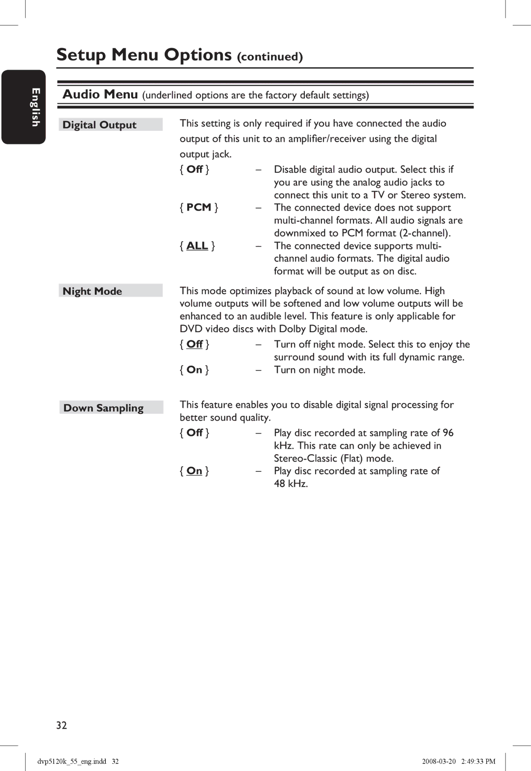Philips DVP5120KX/78 manual Digital Output, Off, Pcm, Night Mode, Down Sampling 