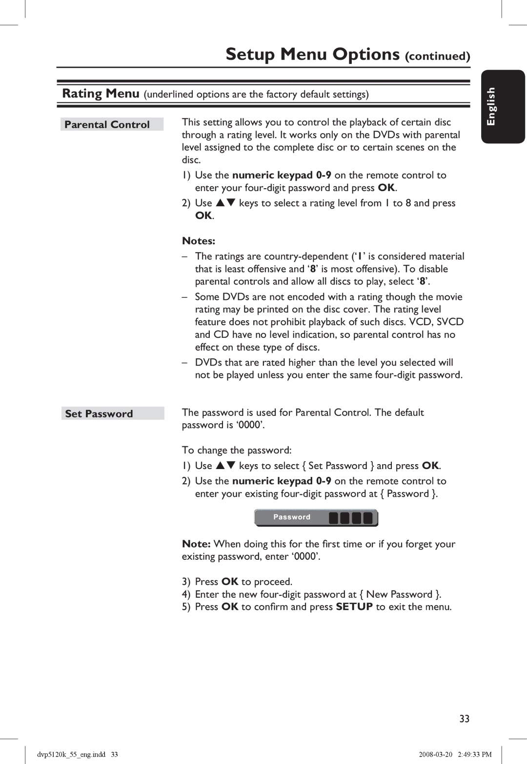 Philips DVP5120KX/78 manual Parental Control Set Password 