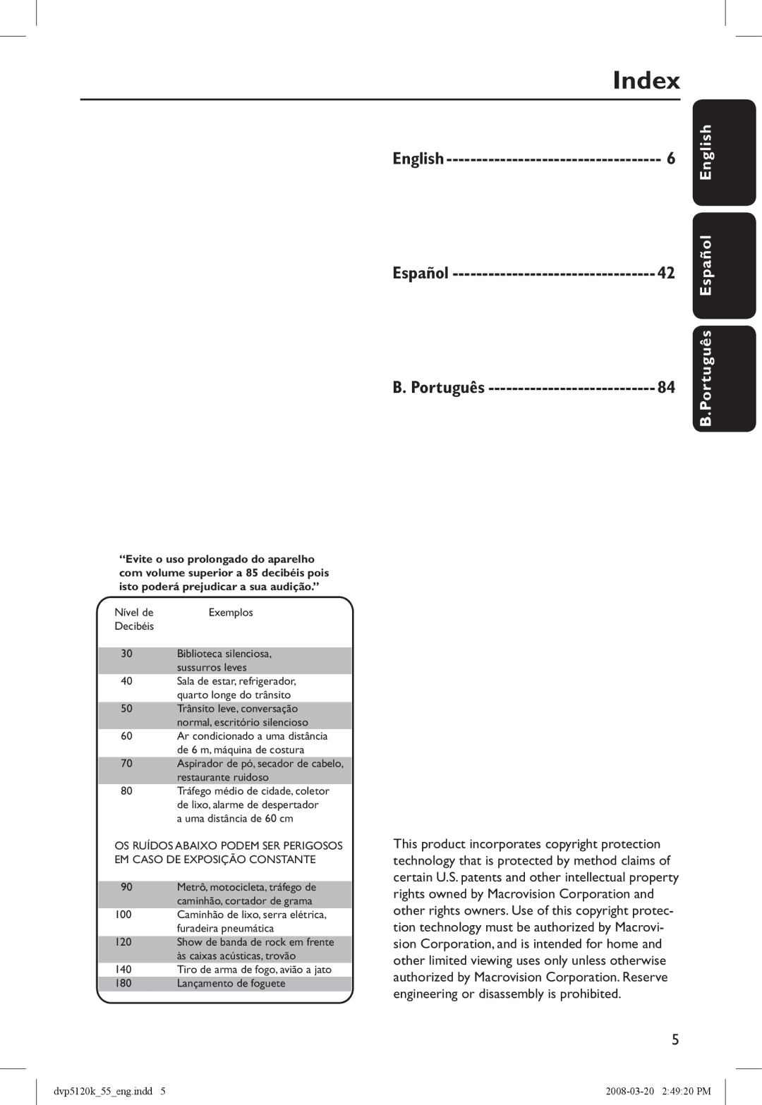 Philips DVP5120KX/78 manual Index, English, Español, Português 