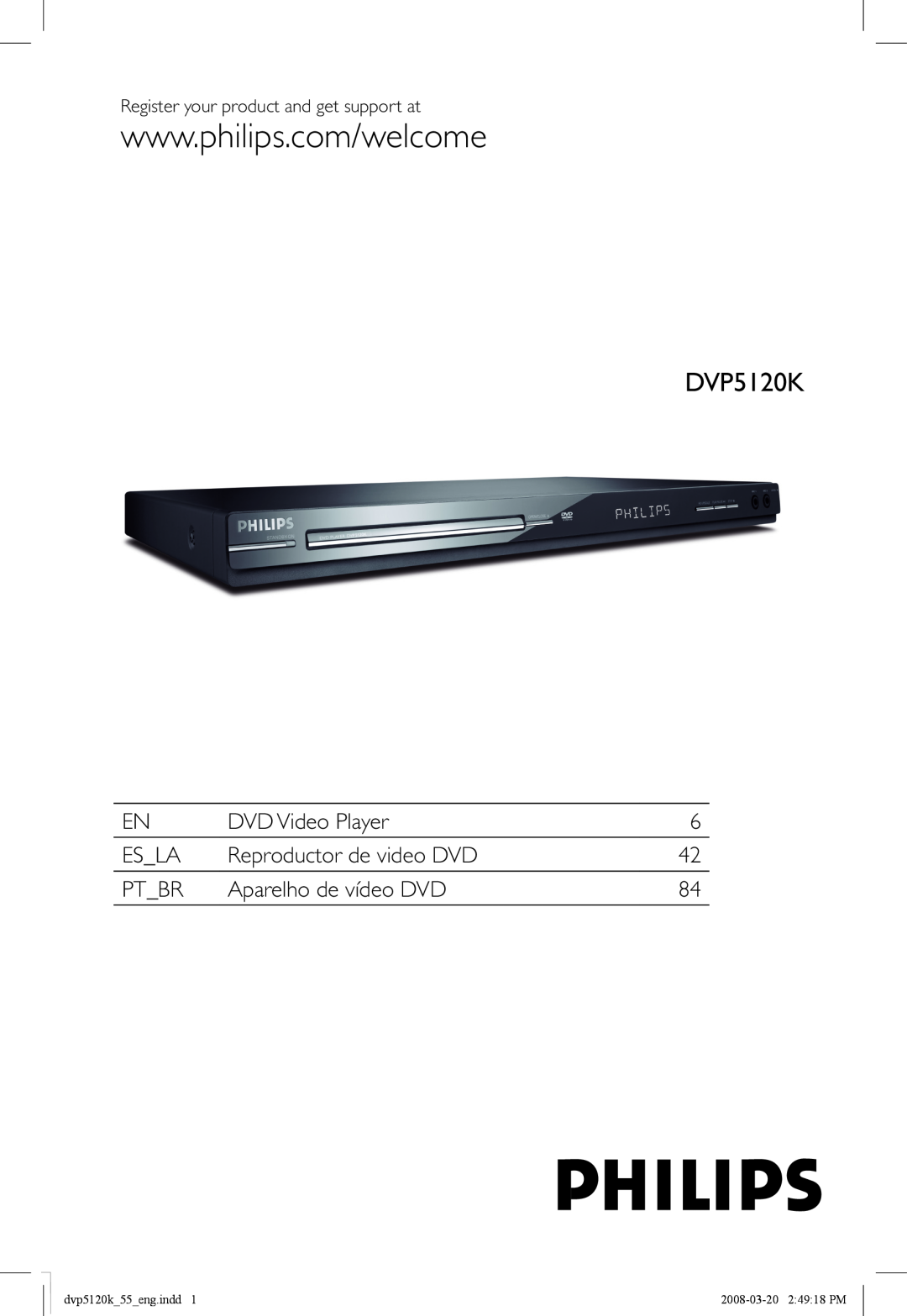 Philips DVP5120KX manual DVD Video Player, Esla, Reproductor de video DVD, Ptbr, Aparelho de vídeo DVD, dvp5120k55eng.indd 