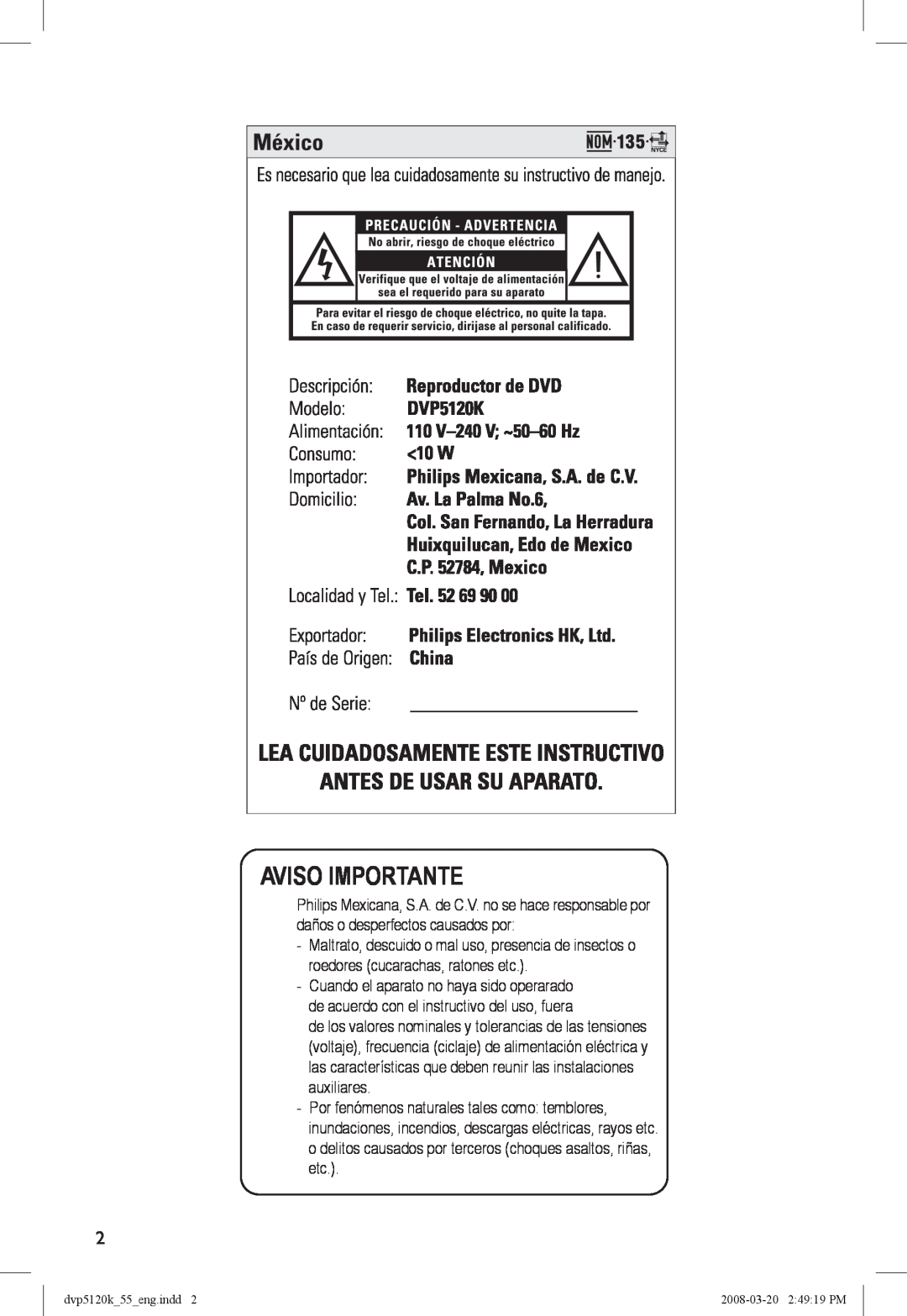 Philips DVP5120KX/78 manual Aviso Importante 