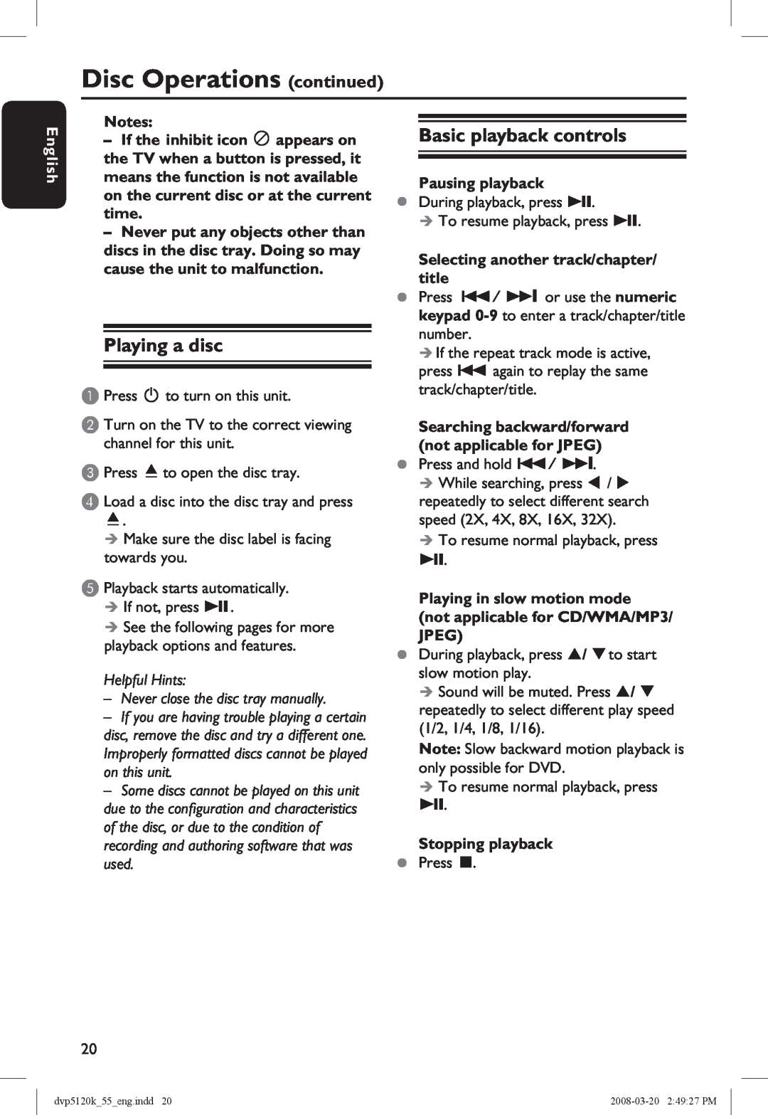 Philips DVP5120KX/78 manual Disc Operations continued, Playing a disc, Basic playback controls, Pausing playback, English 