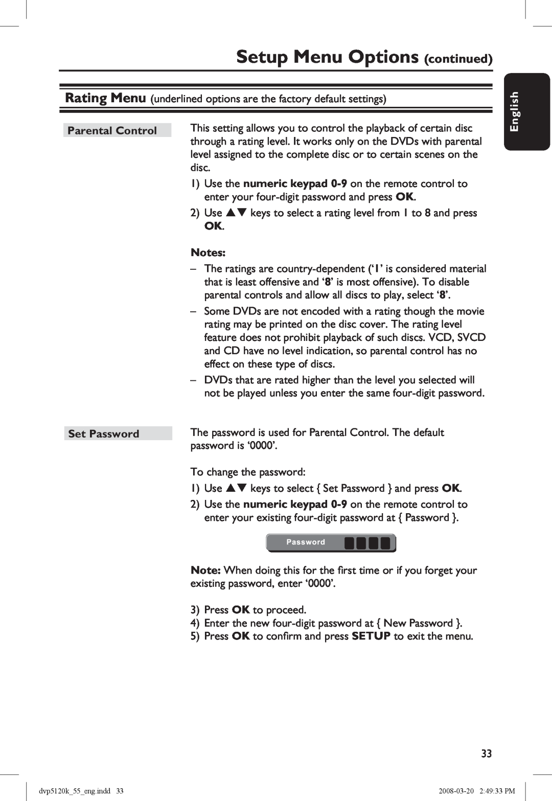 Philips DVP5120KX/78 manual Parental Control Set Password, Setup Menu Options continued, English 