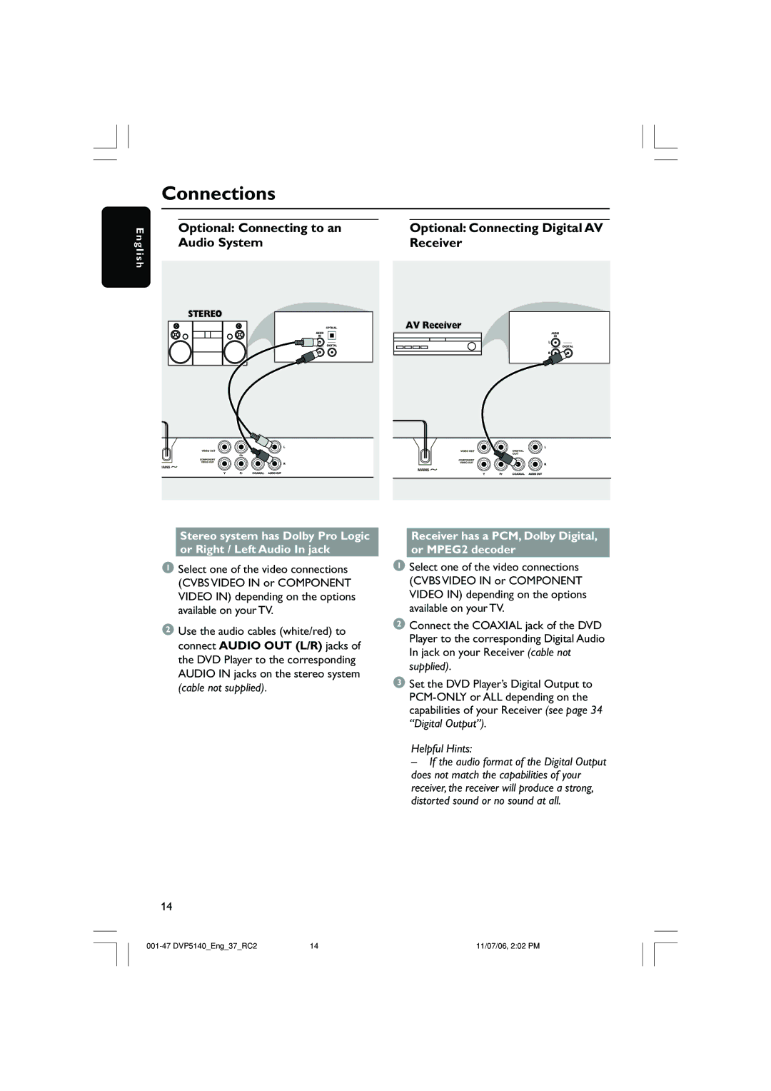 Philips DVP5140 user manual Optional Connecting to an Audio System, Optional Connecting Digital AV Receiver 