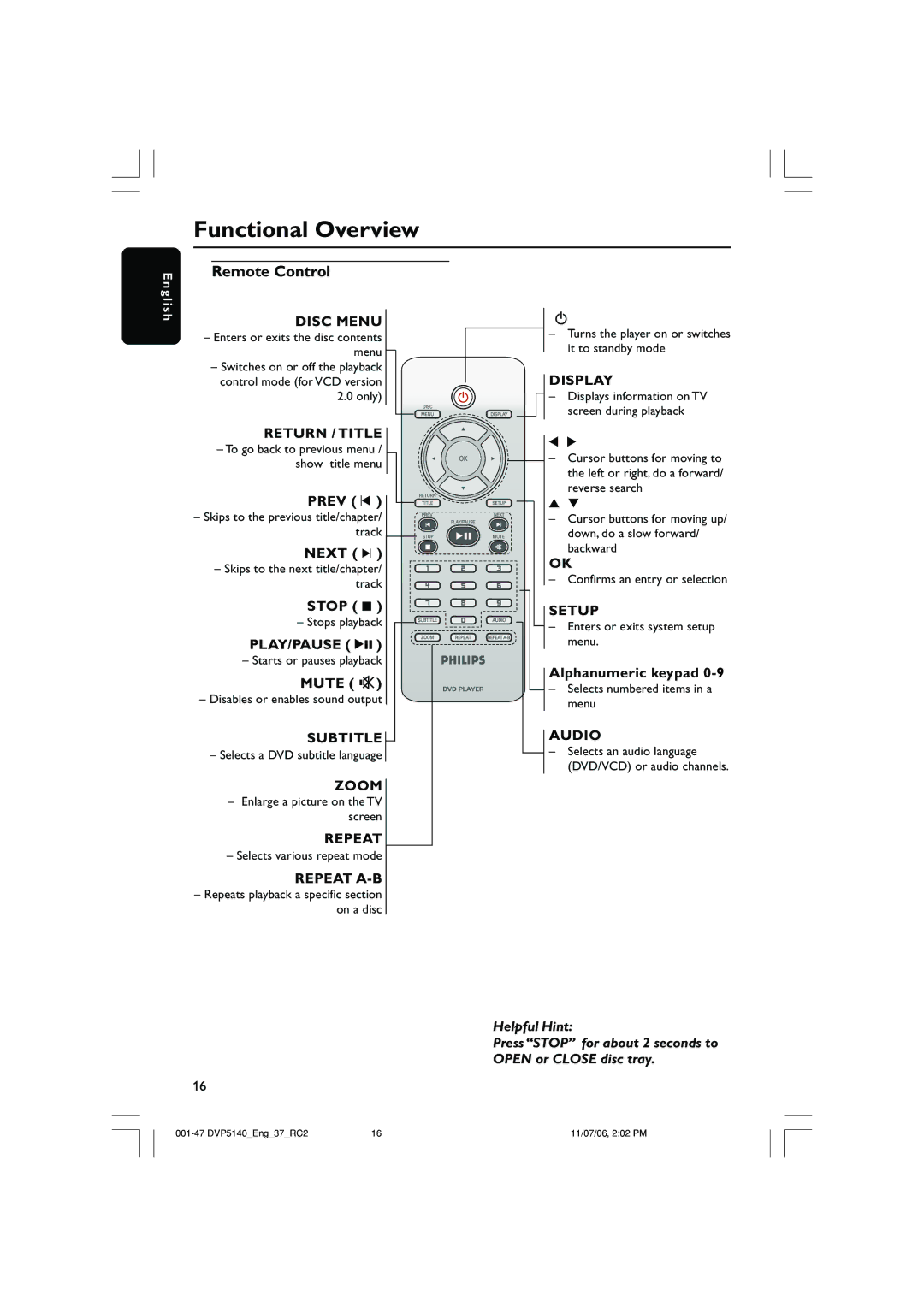 Philips DVP5140 user manual Remote Control 