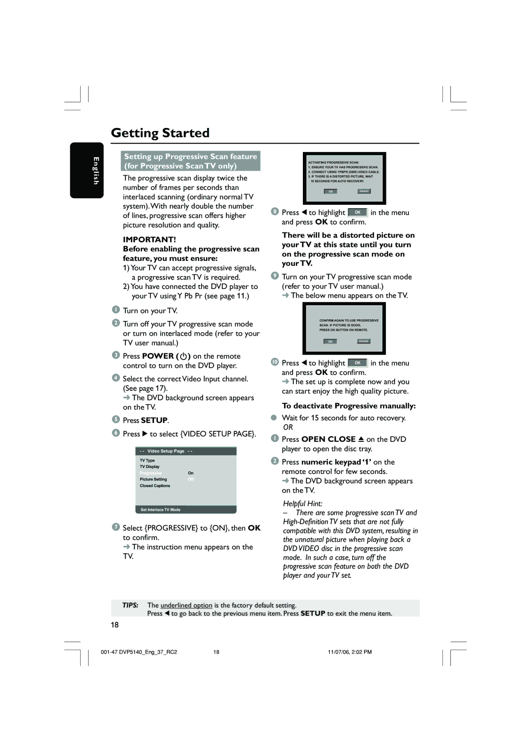 Philips DVP5140 user manual Press OK to confirm, Below menu appears on the TV, To deactivate Progressive manually 