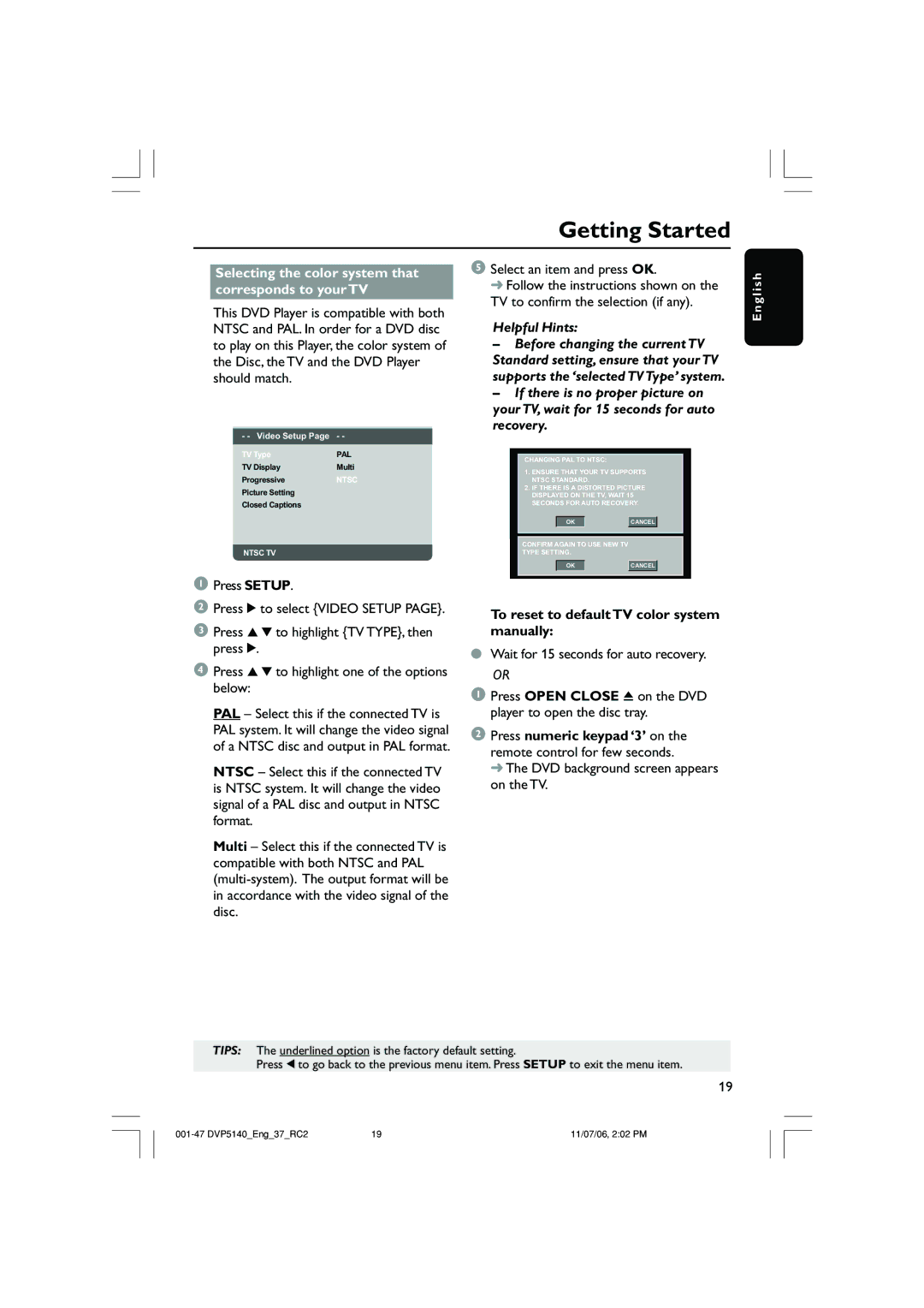 Philips DVP5140 Selecting the color system that corresponds to your TV, To reset to default TV color system manually 