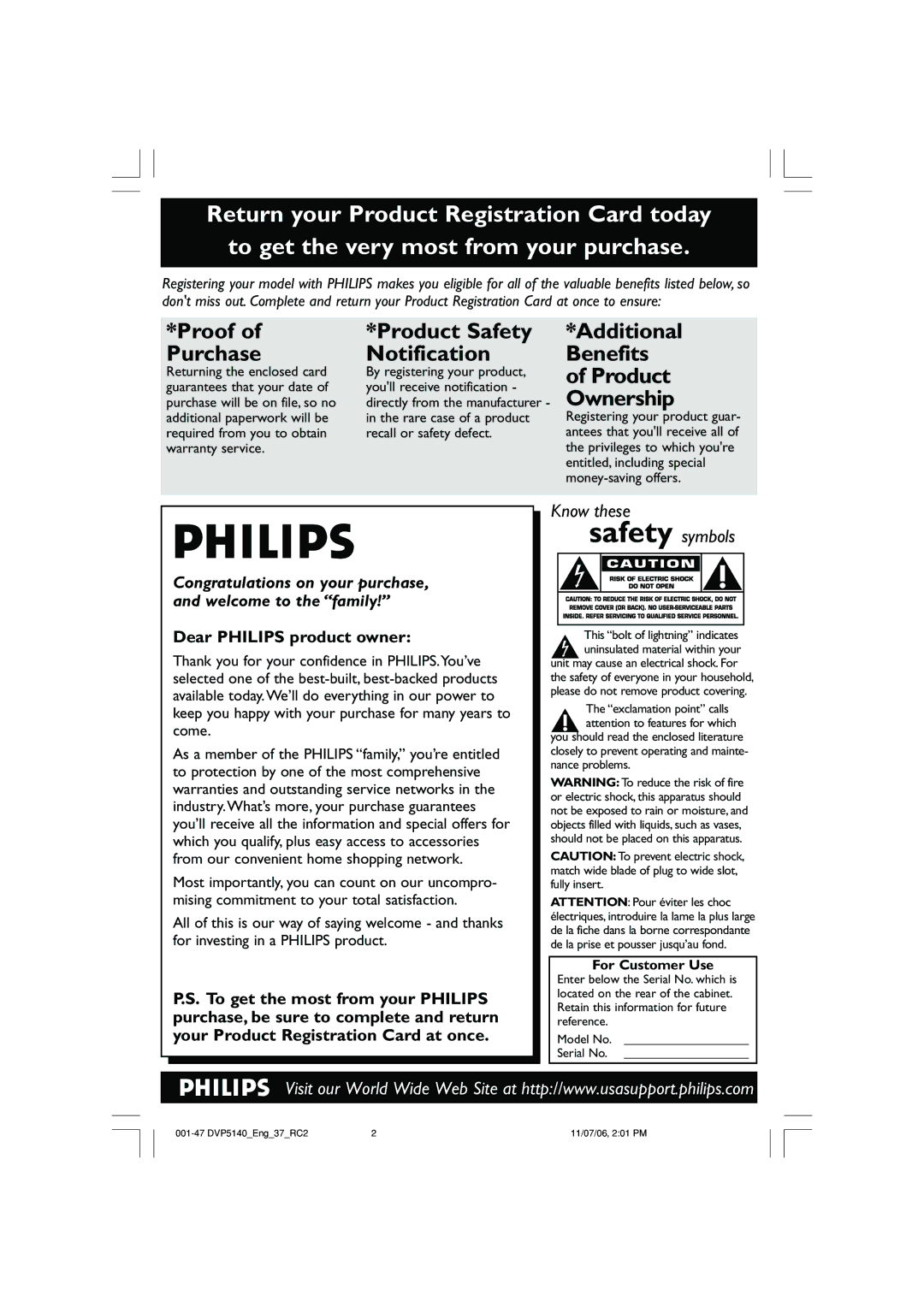 Philips DVP5140 user manual Returning the enclosed card By registering your product, For Customer Use 