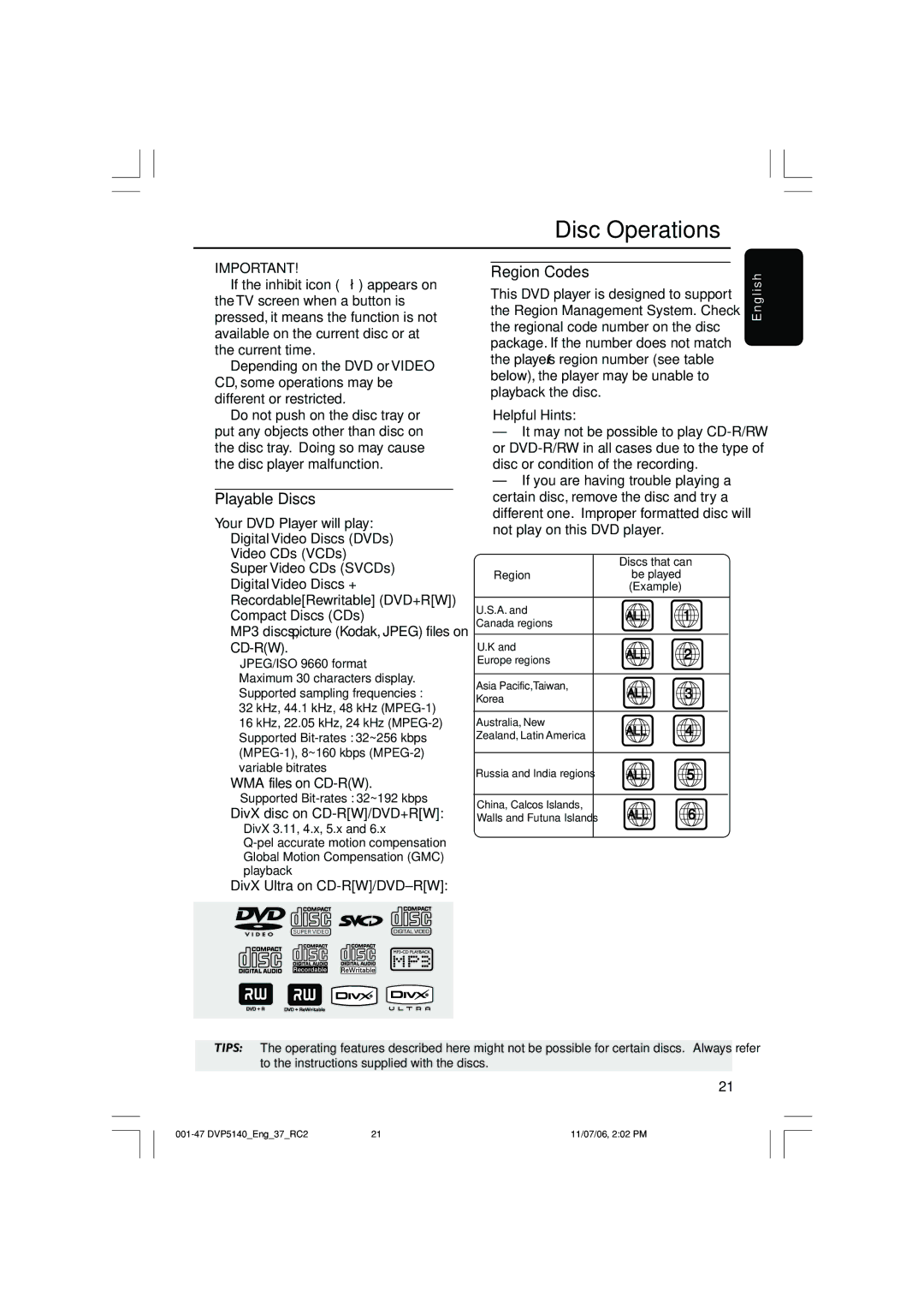 Philips DVP5140 user manual Disc Operations, Playable Discs, Region Codes, Your DVD Player will play 