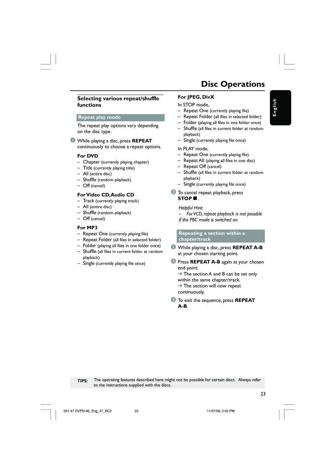 Philips DVP5140 user manual Selecting various repeat/shuffle functions, Repeat play mode, Stopç 