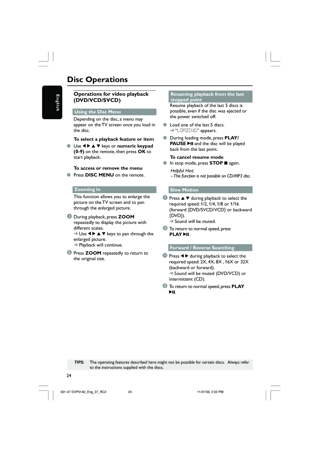 Philips DVP5140 user manual Operations for video playback DVD/VCD/SVCD 