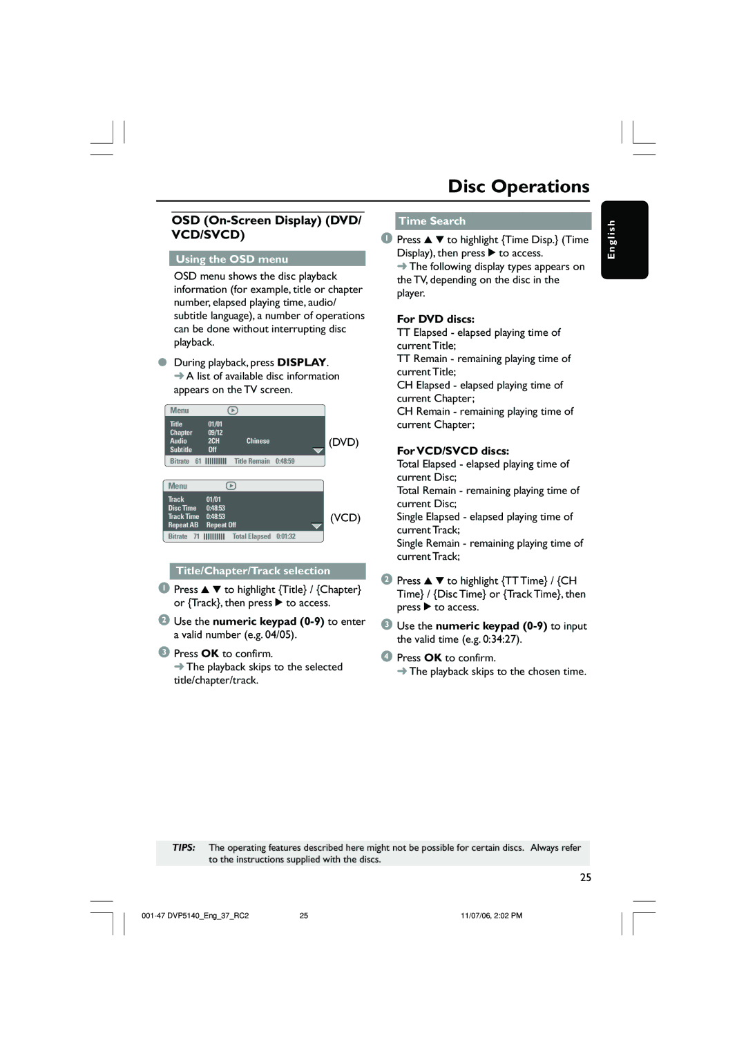 Philips DVP5140 OSD On-Screen Display DVD/ VCD/SVCD, Using the OSD menu, Time Search, Title/Chapter/Track selection 