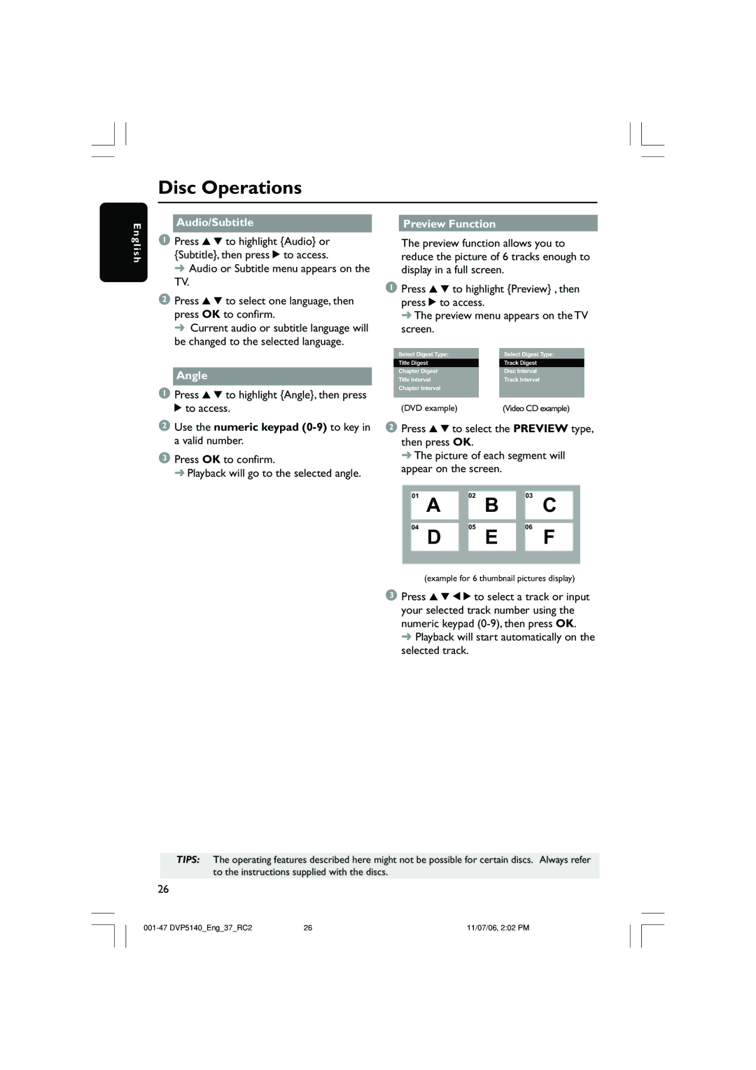 Philips DVP5140 user manual Audio/Subtitle, Angle, Preview Function, Use the numeric keypad 0-9 to key in a valid number 