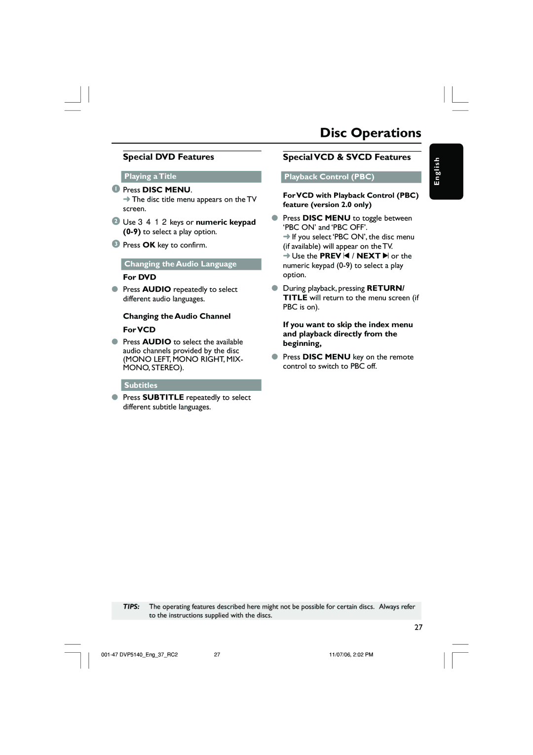 Philips DVP5140 user manual Special DVD Features, Special VCD & Svcd Features 