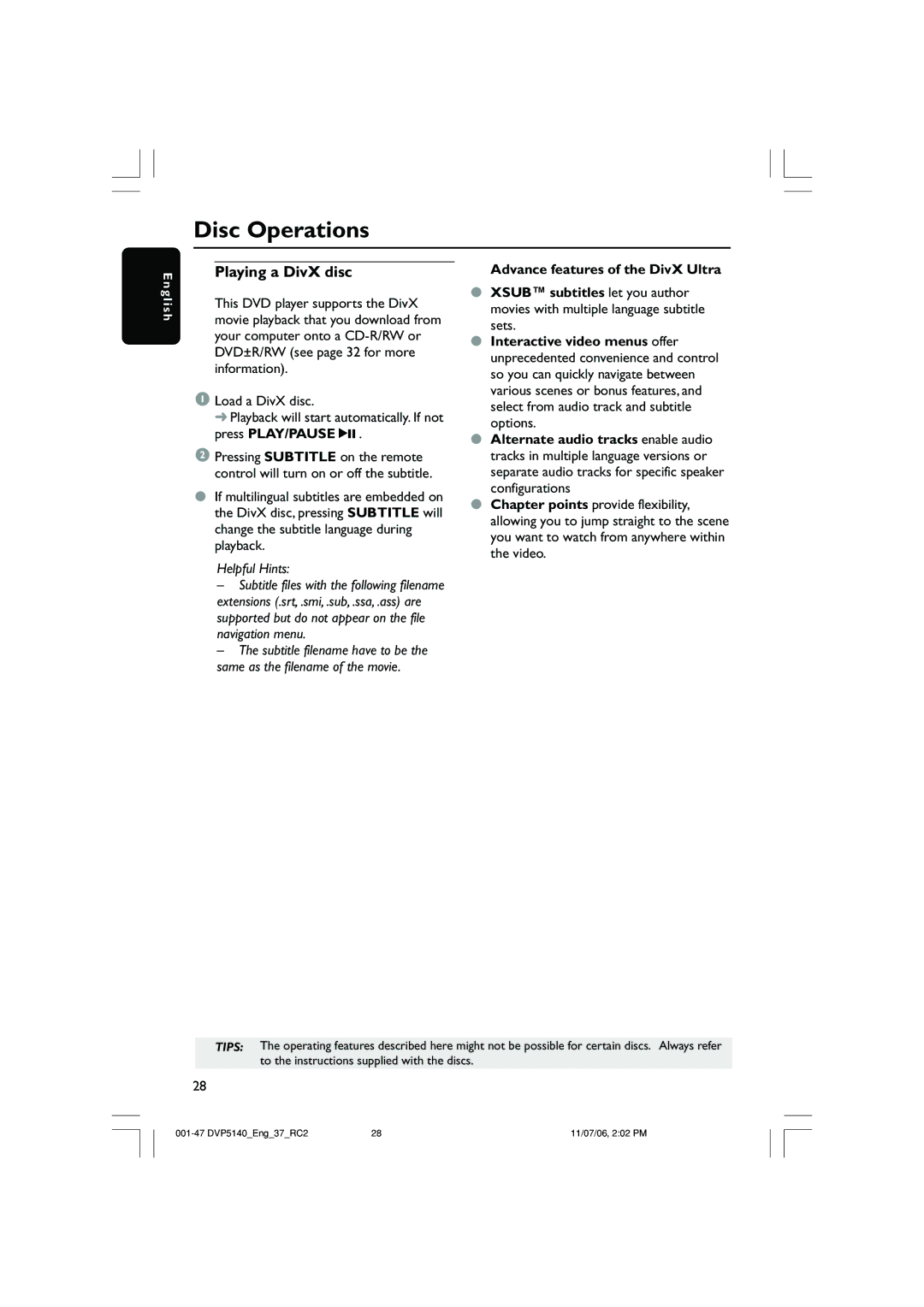 Philips DVP5140 user manual Playing a DivX disc, Advance features of the DivX Ultra 