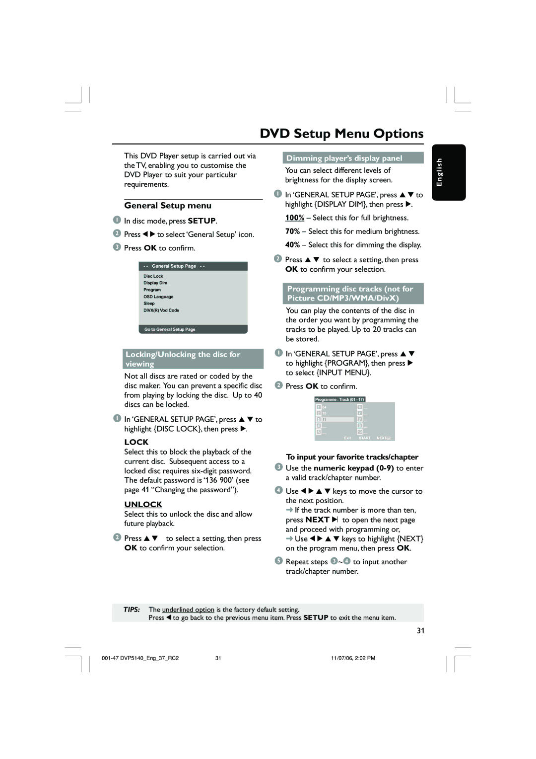 Philips DVP5140 user manual DVD Setup Menu Options, General Setup menu, Lock, Unlock 