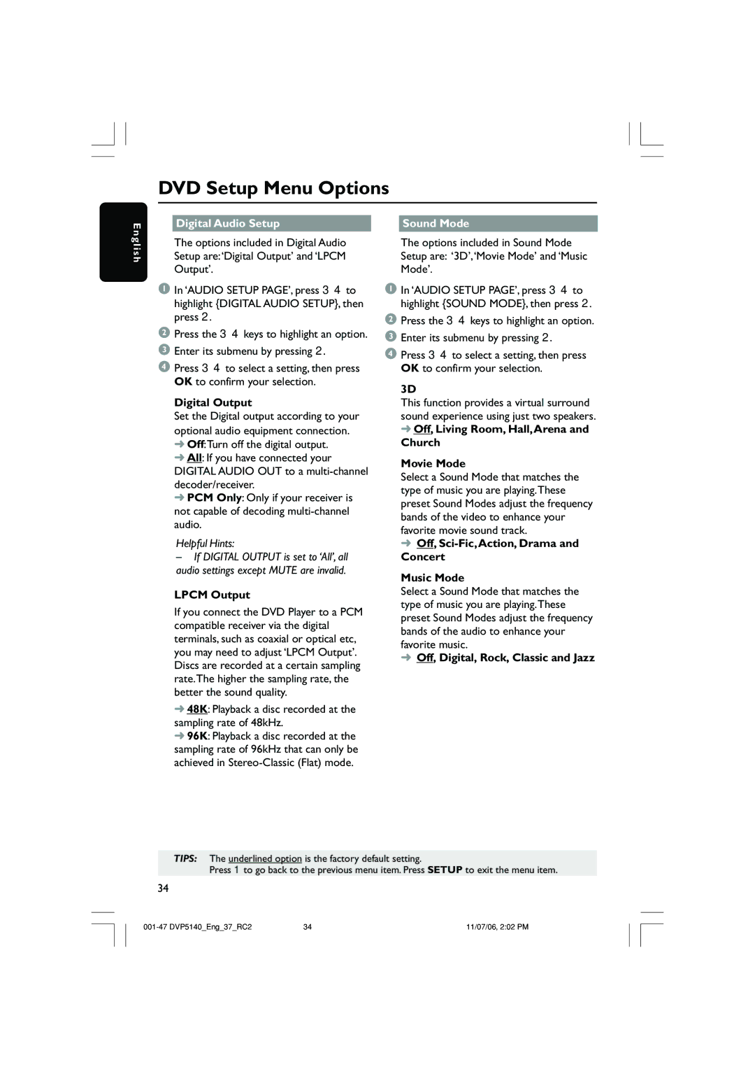 Philips DVP5140 user manual Digital Audio Setup, Sound Mode 