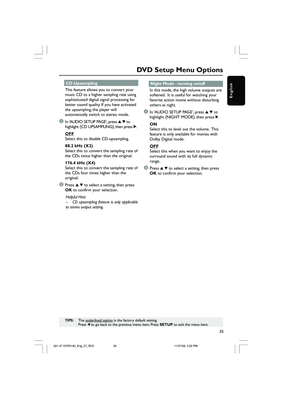 Philips DVP5140 CD Upsampling Night Mode turning on/off, Off, Select this to disable CD-upsampling, 88.2 kHz, 176.4 kHz 