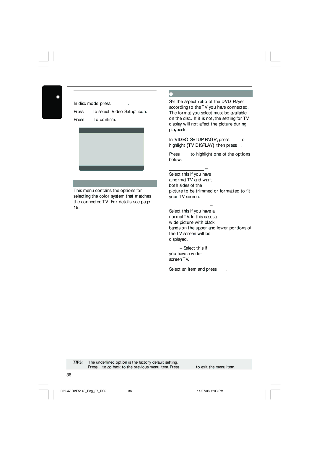 Philips DVP5140 user manual Video Setup Menu, TV Type, Setting the TV Display 