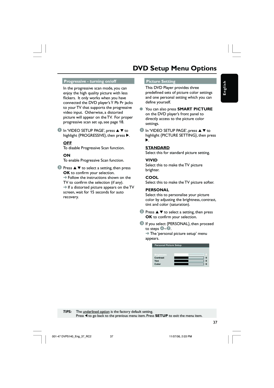 Philips DVP5140 user manual Progressive turning on/off Picture Setting, Standard, Vivid, Cool, Personal 