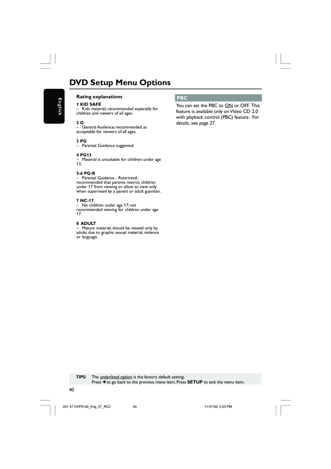 Philips DVP5140 user manual Rating explanations, KID Safe 