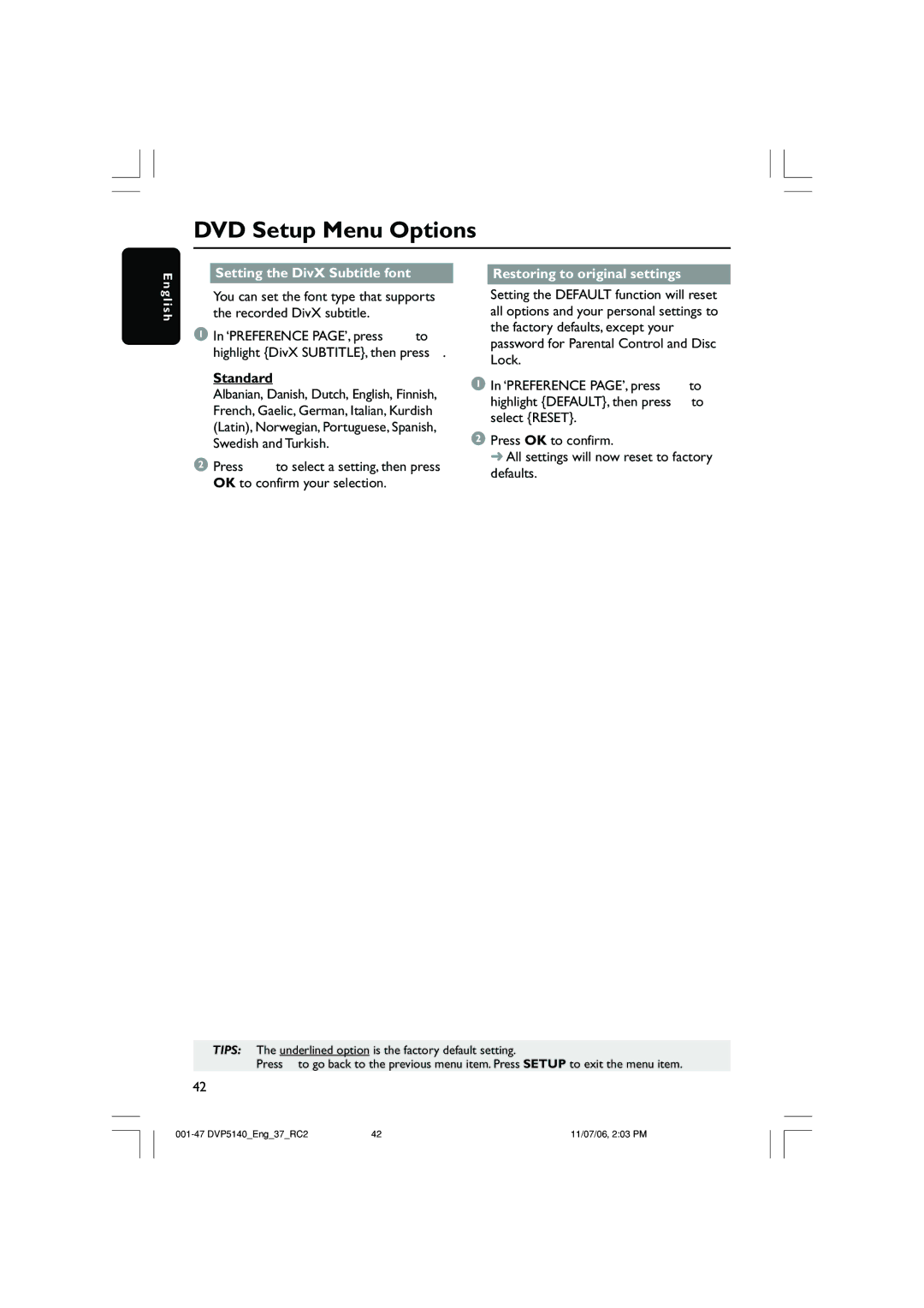 Philips DVP5140 user manual Standard, French, Gaelic, German, Italian, Kurdish 