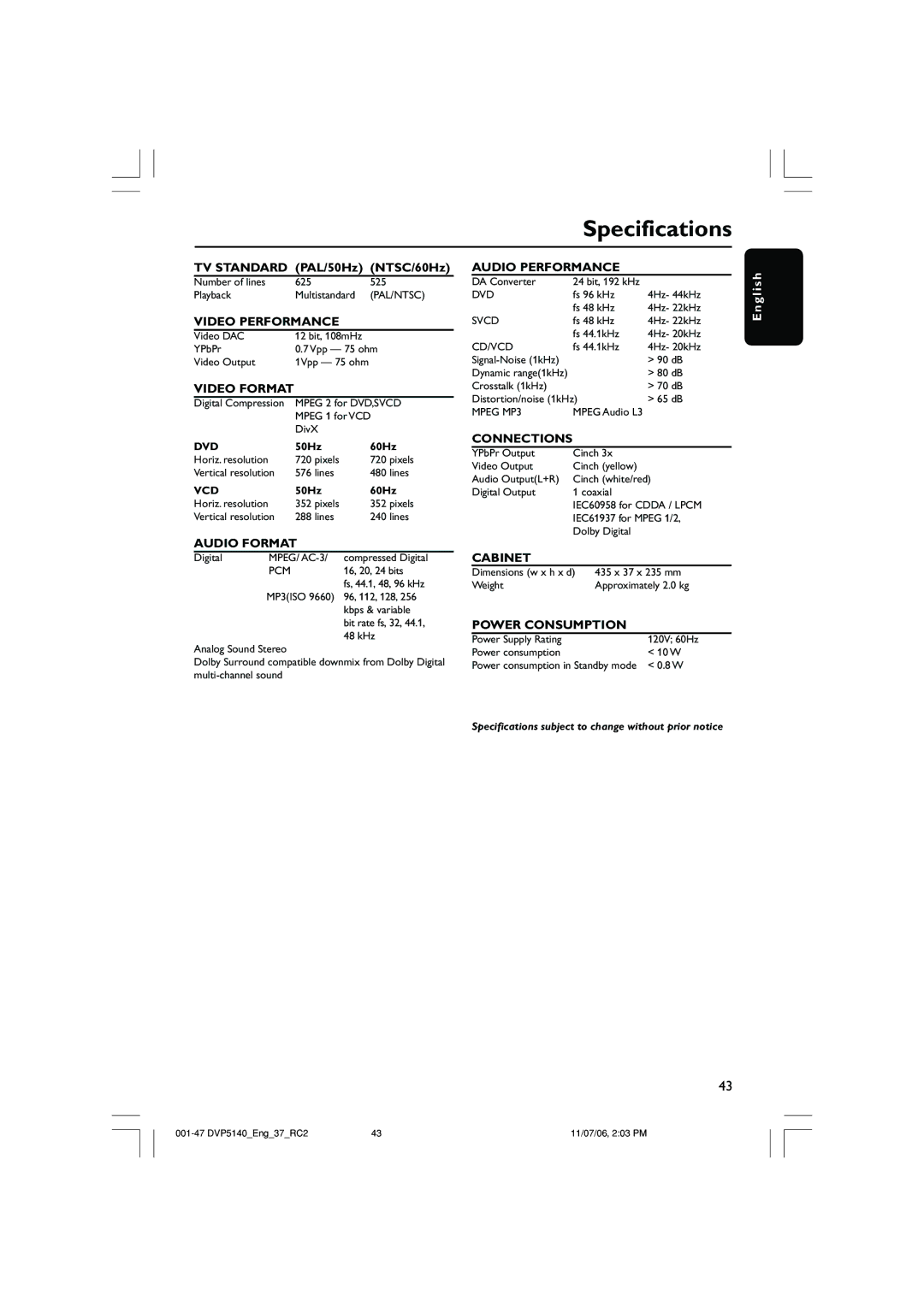 Philips DVP5140 user manual Specifications, Video Format 