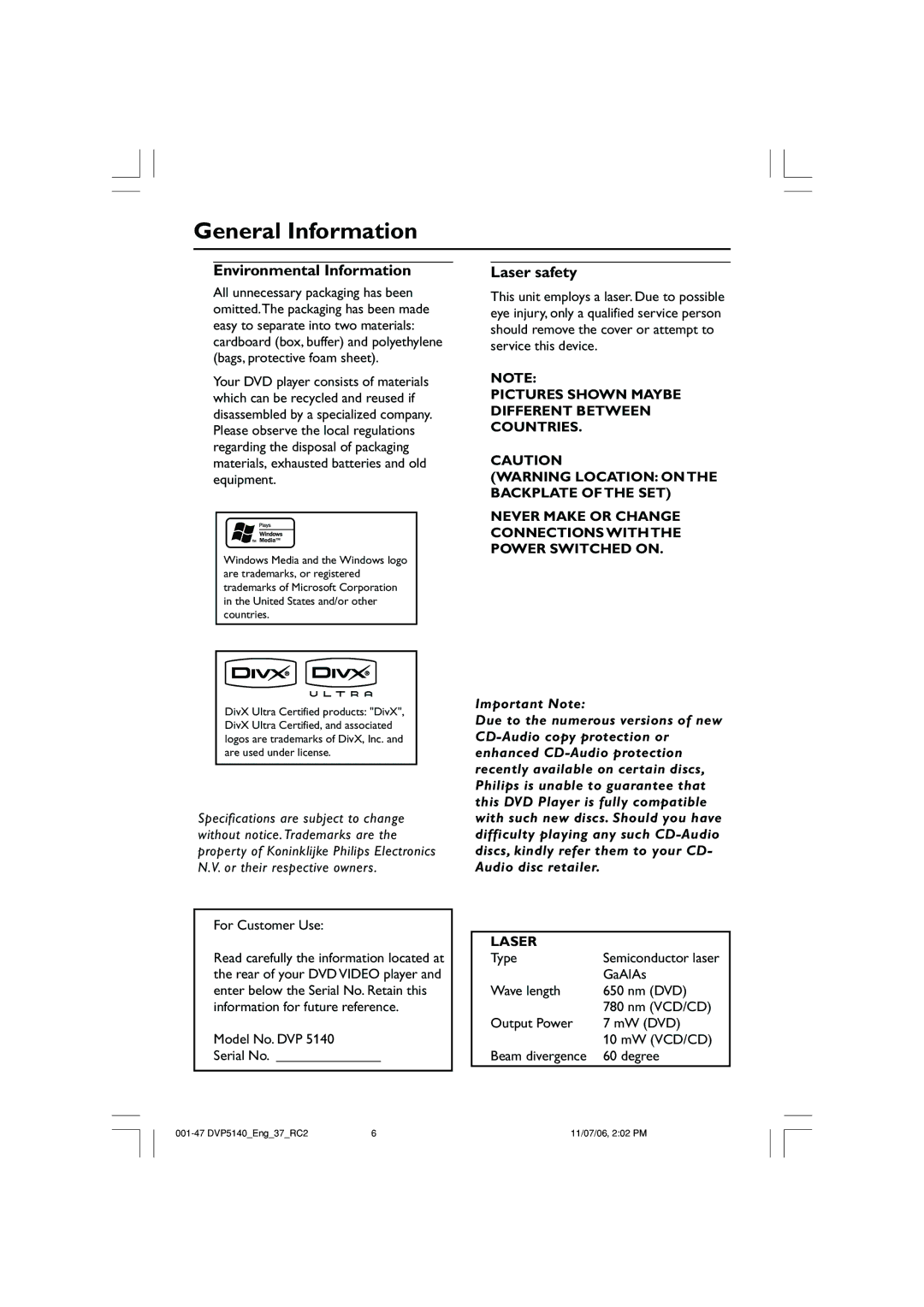 Philips DVP5140 user manual General Information, Environmental Information, Laser safety 