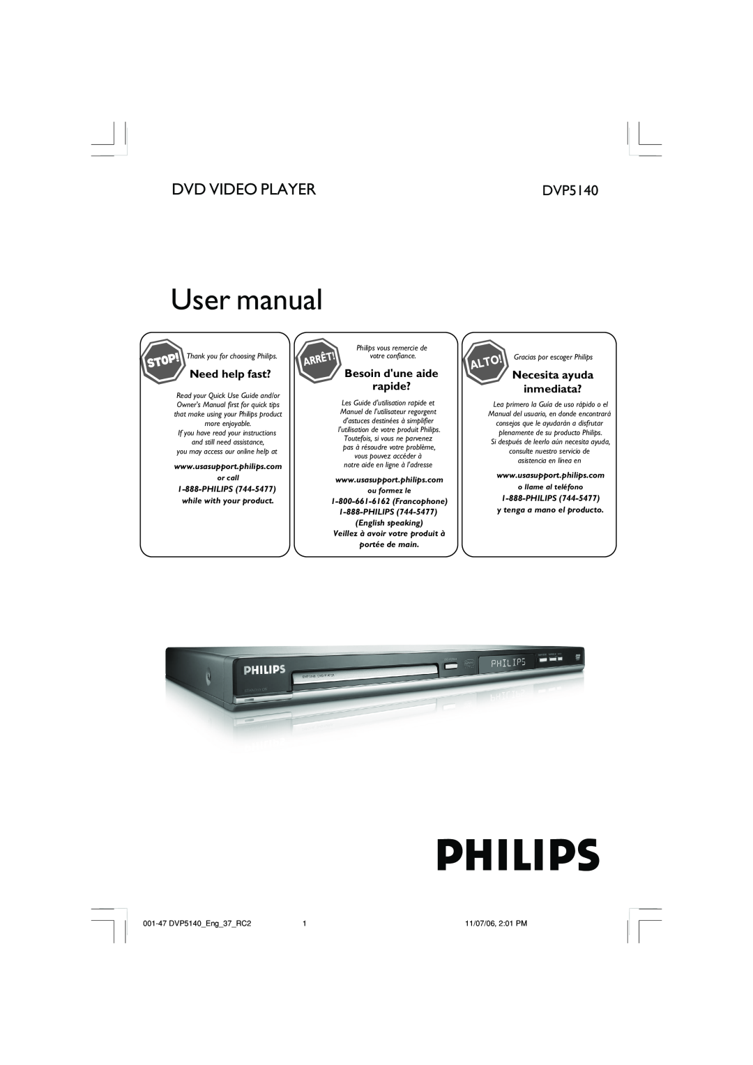 Philips DVP5140 user manual Dvd Video Player, Need help fast?, Besoin dune aide rapide?, Necesita ayuda inmediata? 