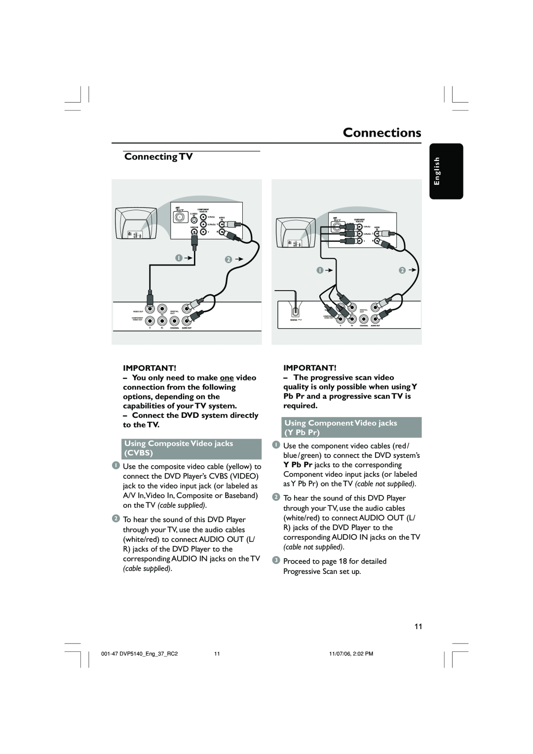Philips DVP5140 Connections, Connecting TV, Connect the DVD system directly to the TV, Using Composite Video jacks CVBS 