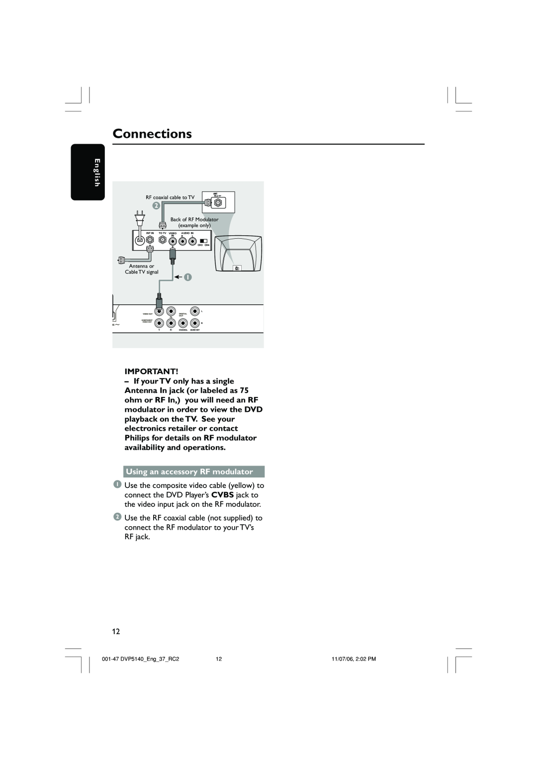 Philips DVP5140 user manual Connections, Using an accessory RF modulator 