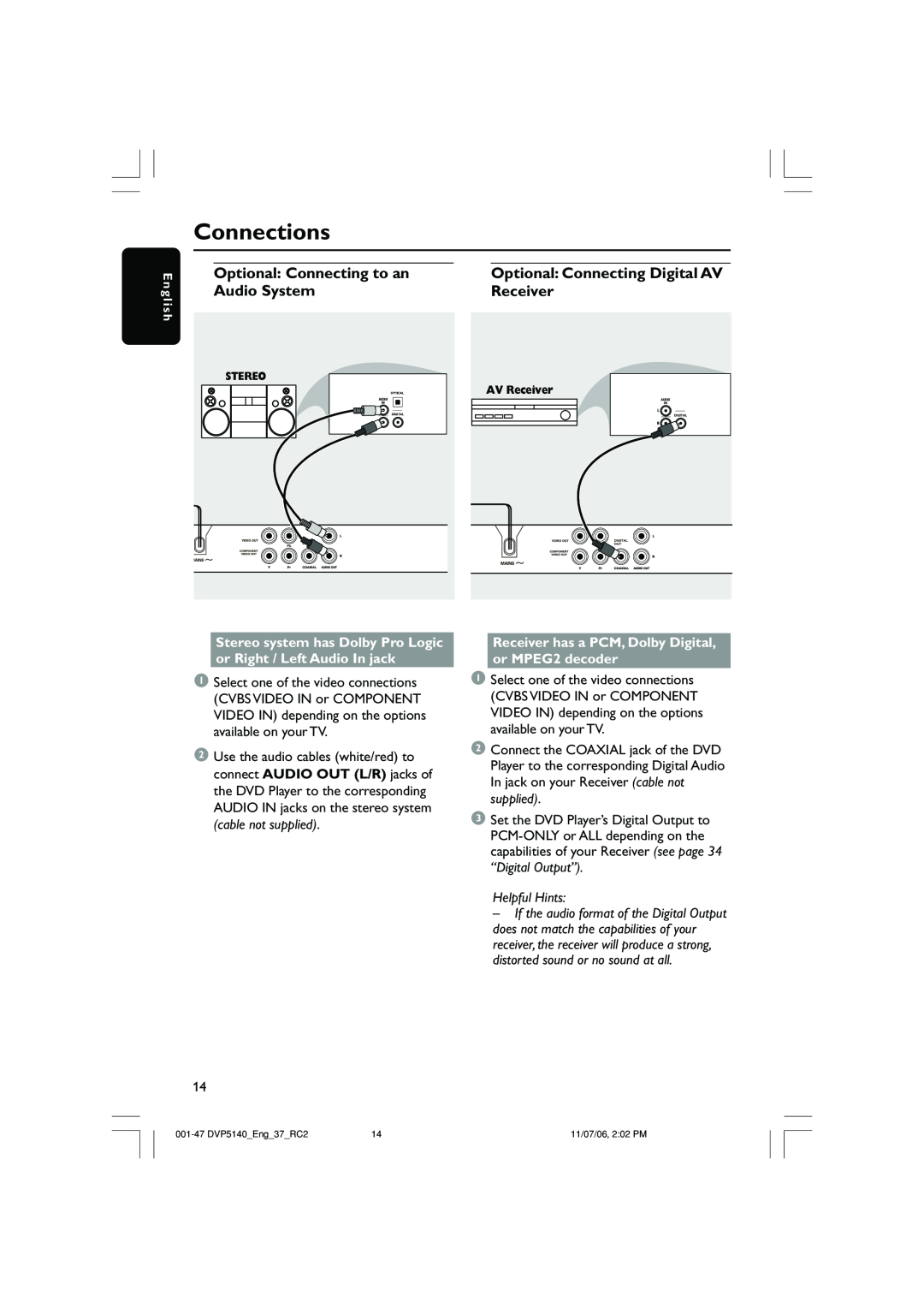 Philips DVP5140 user manual Optional Connecting to an Audio System, Optional Connecting Digital AV Receiver, Connections 