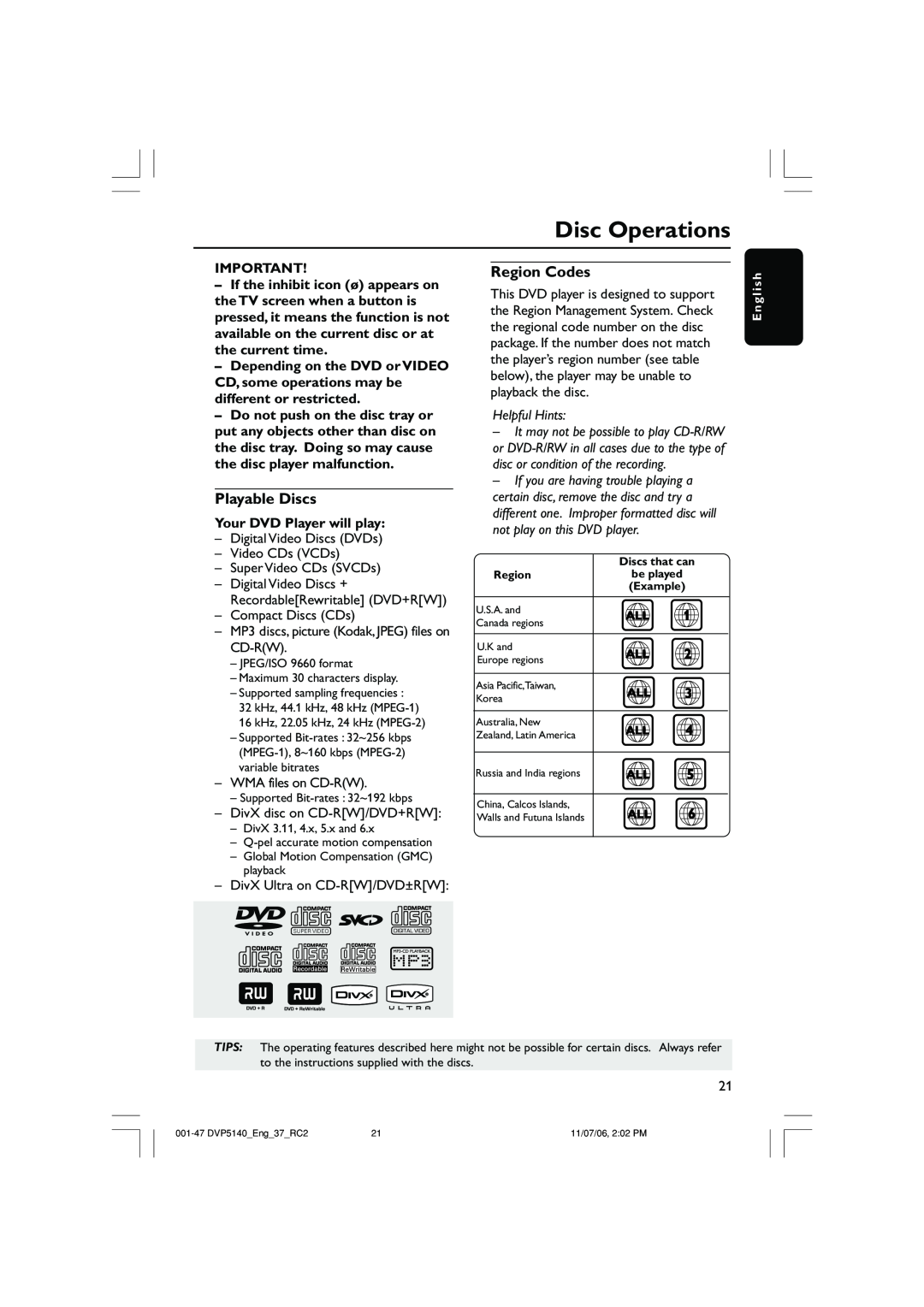 Philips DVP5140 user manual Disc Operations, Playable Discs, Region Codes, Your DVD Player will play, Helpful Hints 