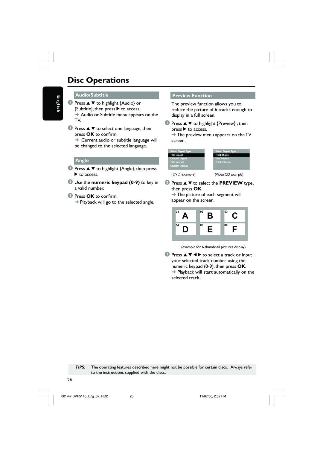 Philips DVP5140 user manual Disc Operations, Audio/Subtitle, Angle, Preview Function 