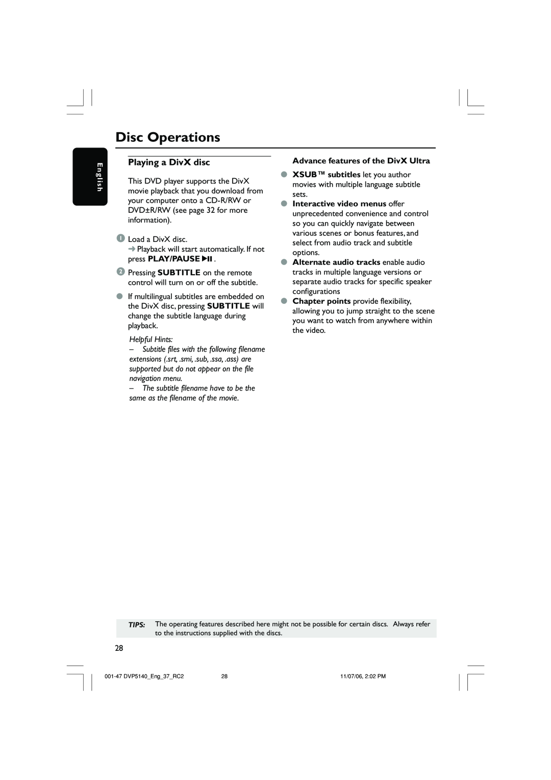 Philips DVP5140 user manual Playing a DivX disc, Disc Operations, Advance features of the DivX Ultra, Helpful Hints 