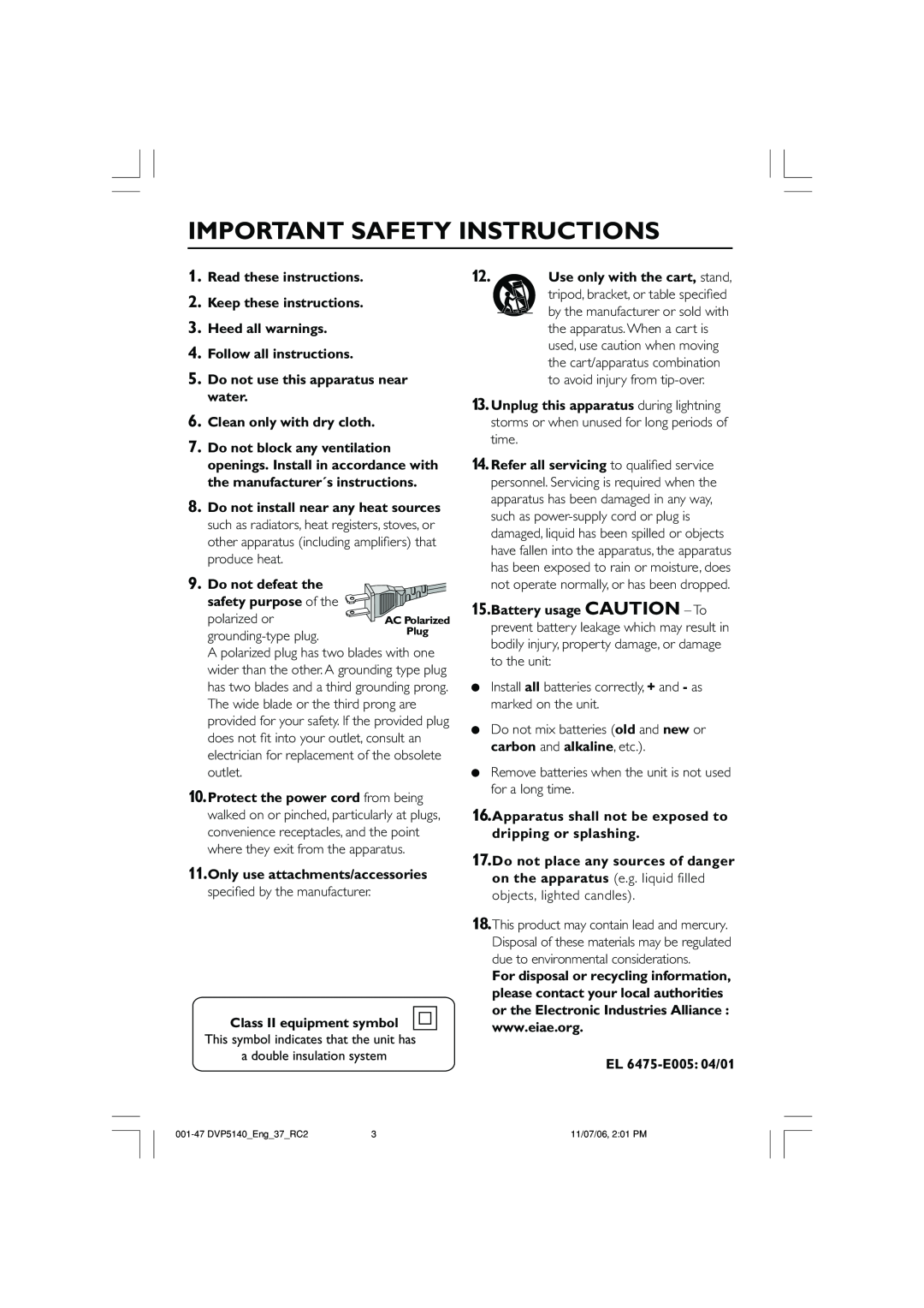 Philips DVP5140 Important Safety Instructions, Read these instructions 2. Keep these instructions, EL 6475-E005 04/01 