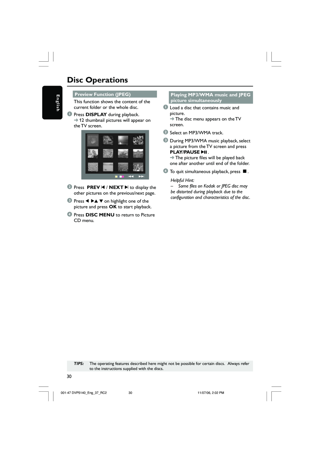 Philips DVP5140 user manual Disc Operations, Preview Function JPEG, Playing MP3/WMA music and JPEG picture simultaneously 