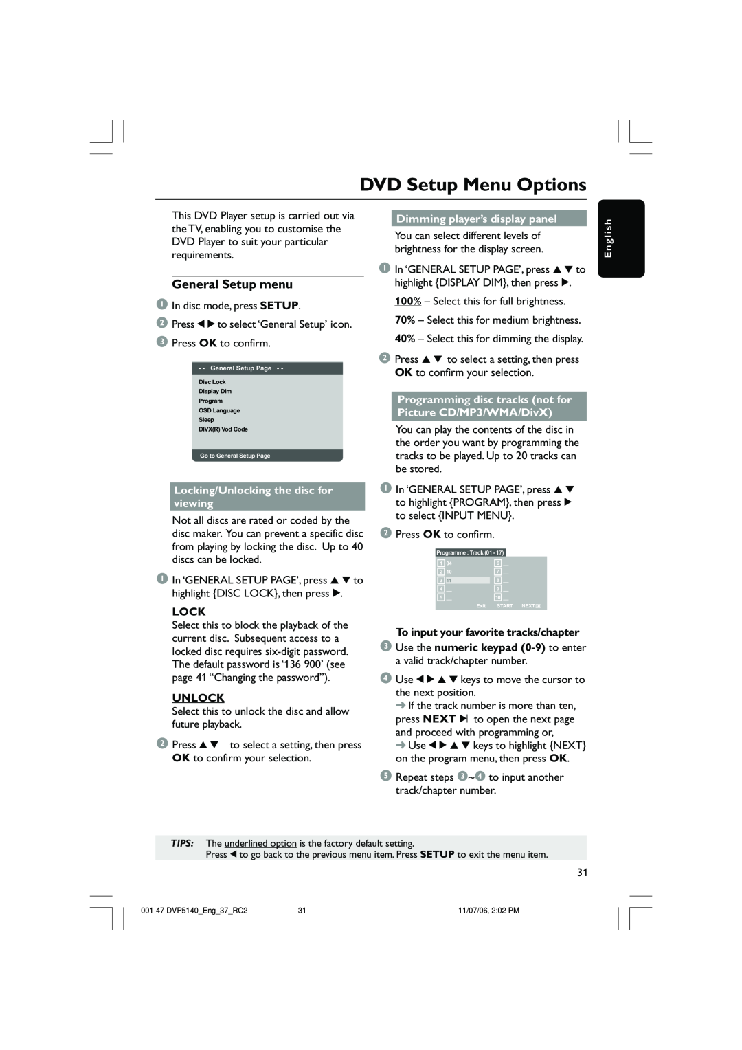 Philips DVP5140 user manual DVD Setup Menu Options, General Setup menu, Locking/Unlocking the disc for viewing 