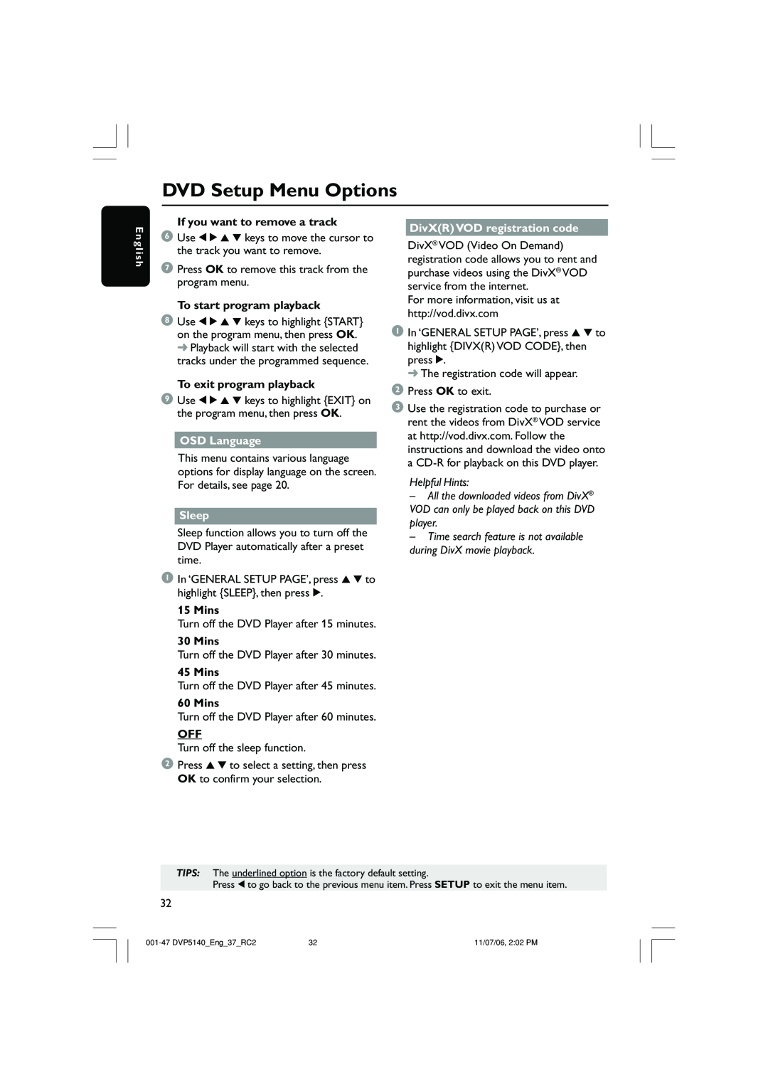 Philips DVP5140 user manual DivXR VOD registration code 