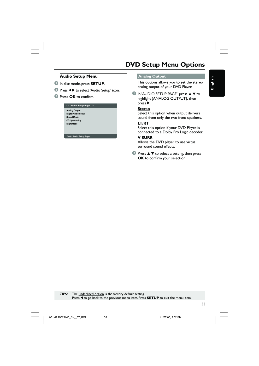 Philips DVP5140 user manual Audio Setup Menu, DVD Setup Menu Options, Analog Output, Stereo, Lt/Rt, V Surr 
